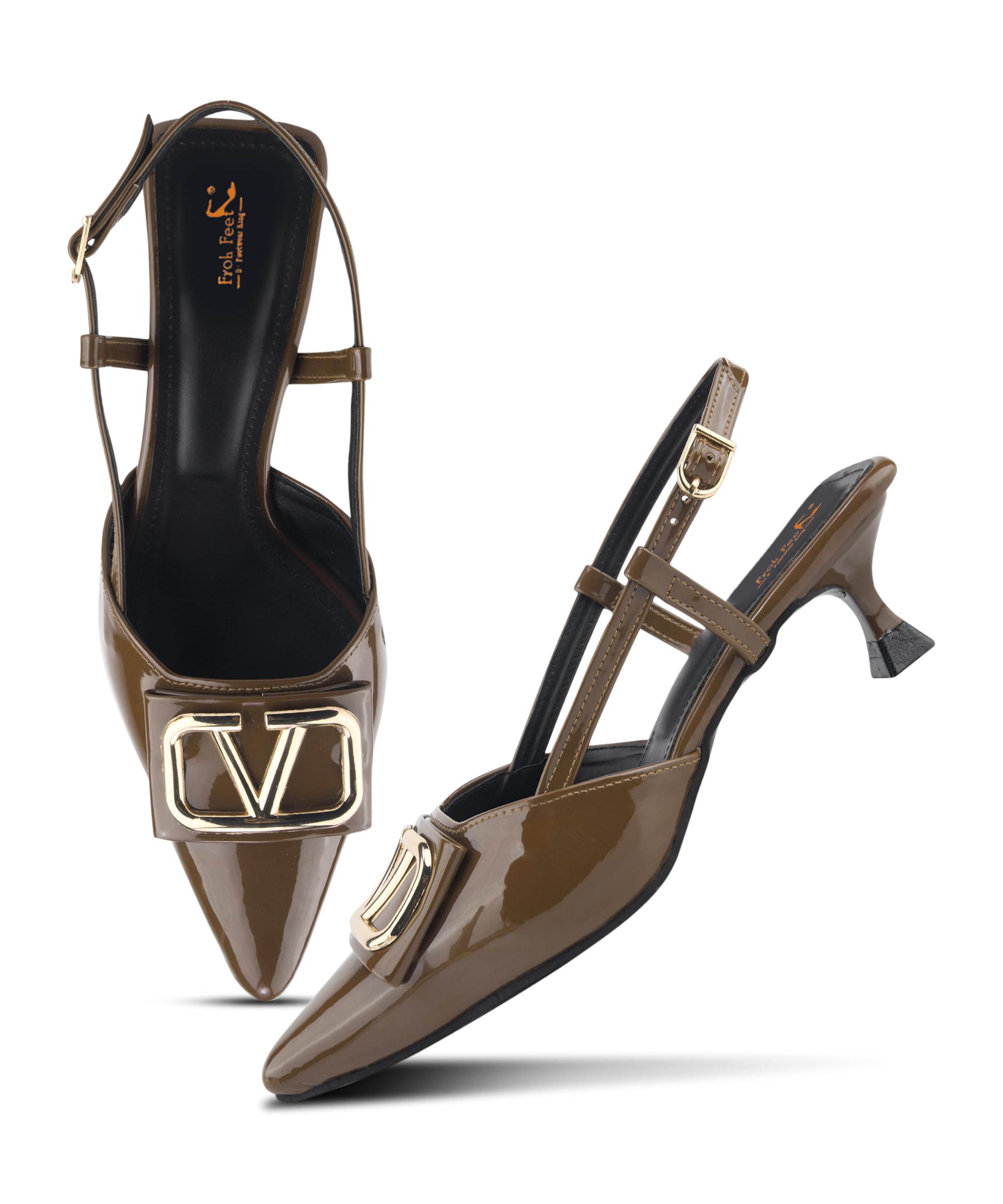 Froh Feet Glossy Pointed Toe Slingback Kitten Heels Statement Metallic Buckle Dress Pumps for Ladies-picture-28