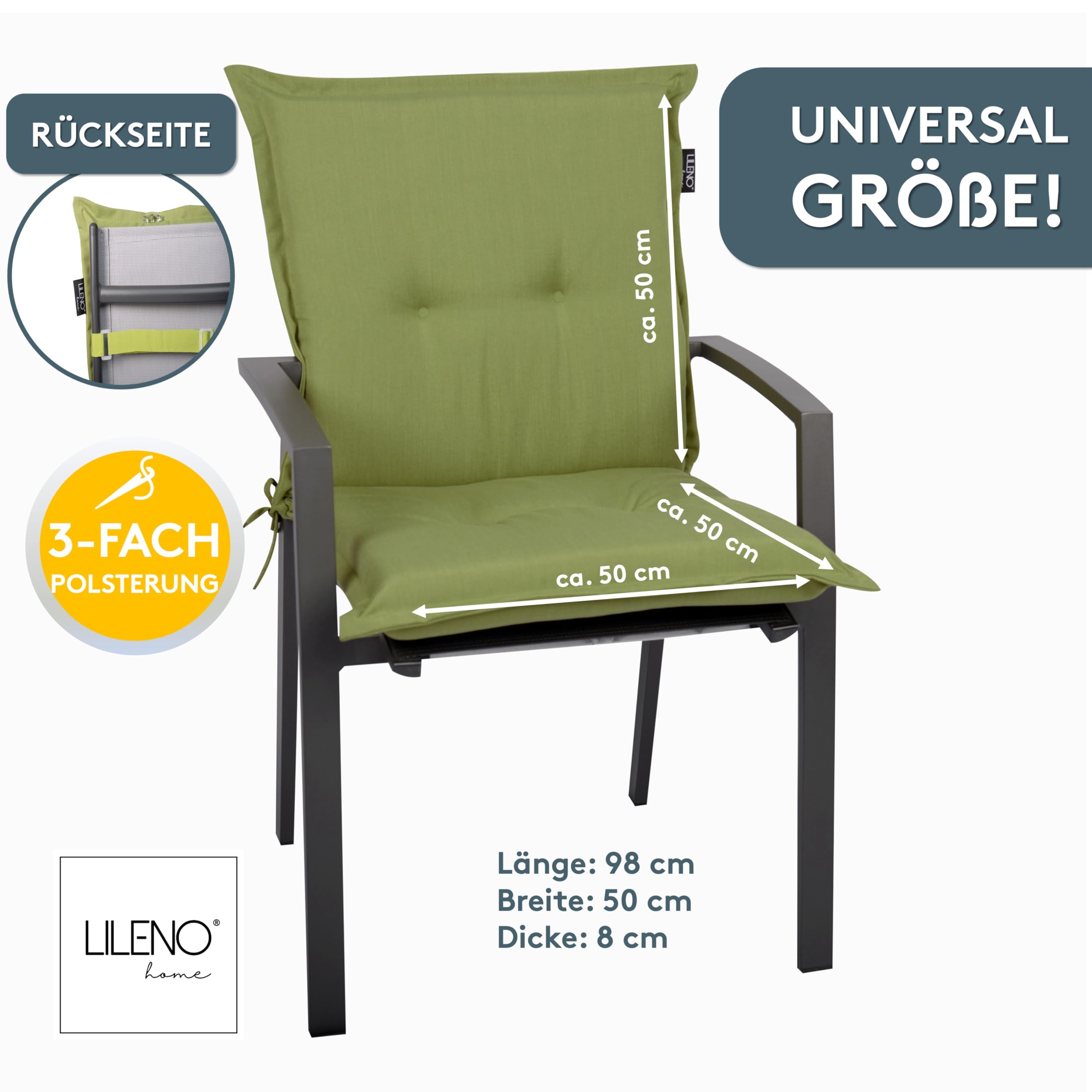 LILENO Home Tuinstoelkussens als 2-delige set - stoel met hoge rugleuning, in blokstrepen, groen, comfortabele kussens als zitkussens voor tuinmeubelen, stoelkussens voor tuinstoelen en klapstoelen