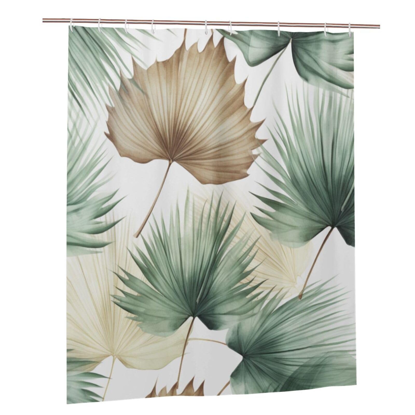 BWWHCCTI palm leaves Printed Shower Curtain With 12 Plastic Hooks Opaque Quick Drying Waterproof Shower Curtains Sets For Bathroom 152x183 Cm