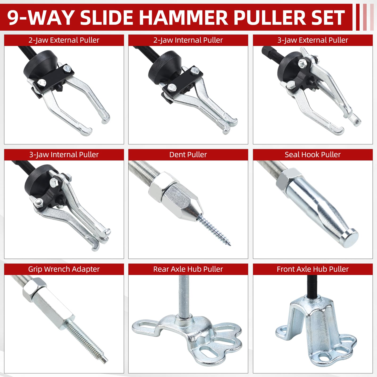 FreeTec 9-in-1 Radlager Abzieher Radnabenabzieher Set mit Gleithammer, 2/3 Backen Lager Innenlager Auszieher Innenabzieher, Vorder- und Hinterradnabe Abzieher Gleithammer Dentzieher für Autoreparatur