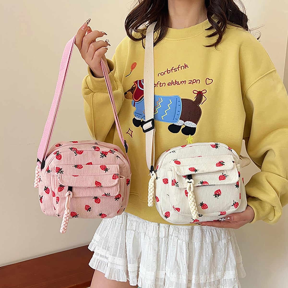 Cute Strawberry Purse for Women Strawberry Bag Corduroy Tote Bag for Women Messenger Bag Cute Crossbody Bags Handbags - Image 5