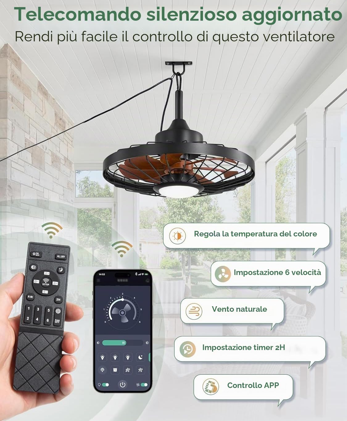 Ventilatore da Soffitto con Luce LED, Nero con Pale in Legno Scuro, Stile Industriale Retrò a Gabbia, Impermeabile IP65, 50 cm, Telecomando e Applicazione