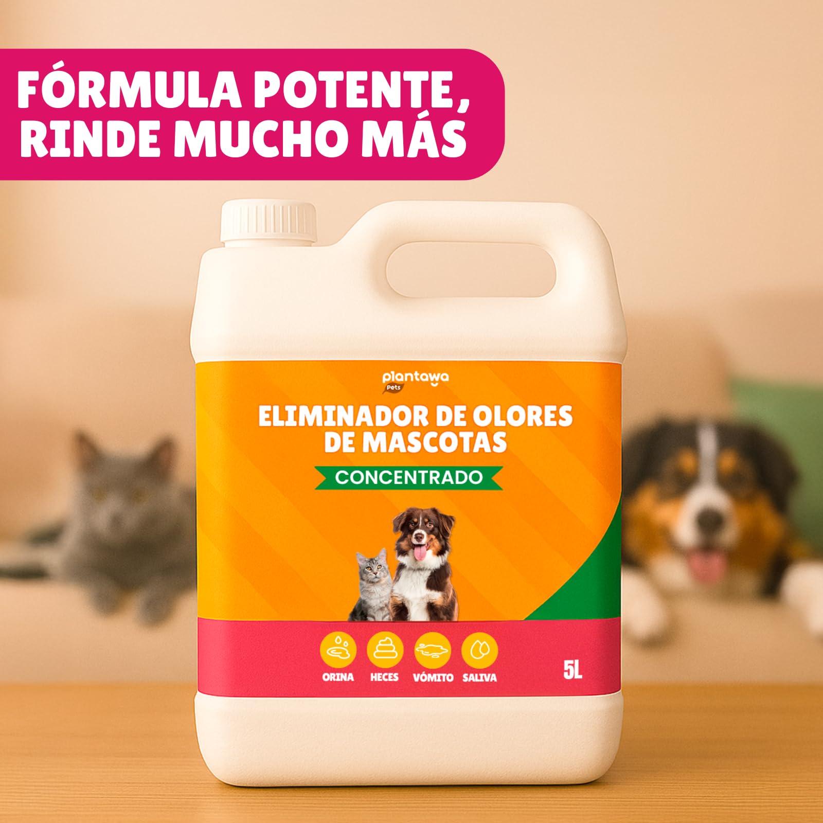 PLANTAWA Eliminador de Olores de Mascotas Concentrado 5L | Limpiador enzimático para orina perros y gatos | Neutralizador de olores hogar, alfombras, sofás y coche | Fórmula eficaz y segura