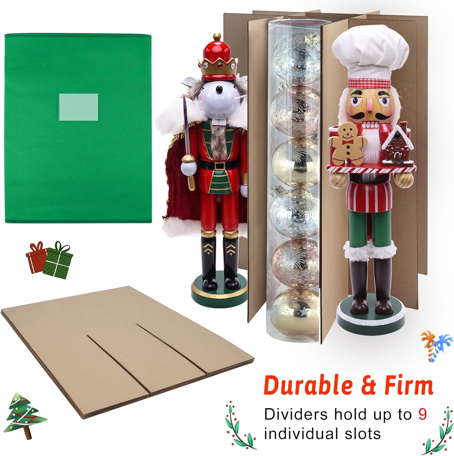 Christmas Nutcracker and Figurine Collectible Storage Box, Fits 9 Holiday Ornaments, Stores Up to 16" Tall Ornaments, Holiday Decor Organizer with Dividers, Nutcracker not Included(Green)