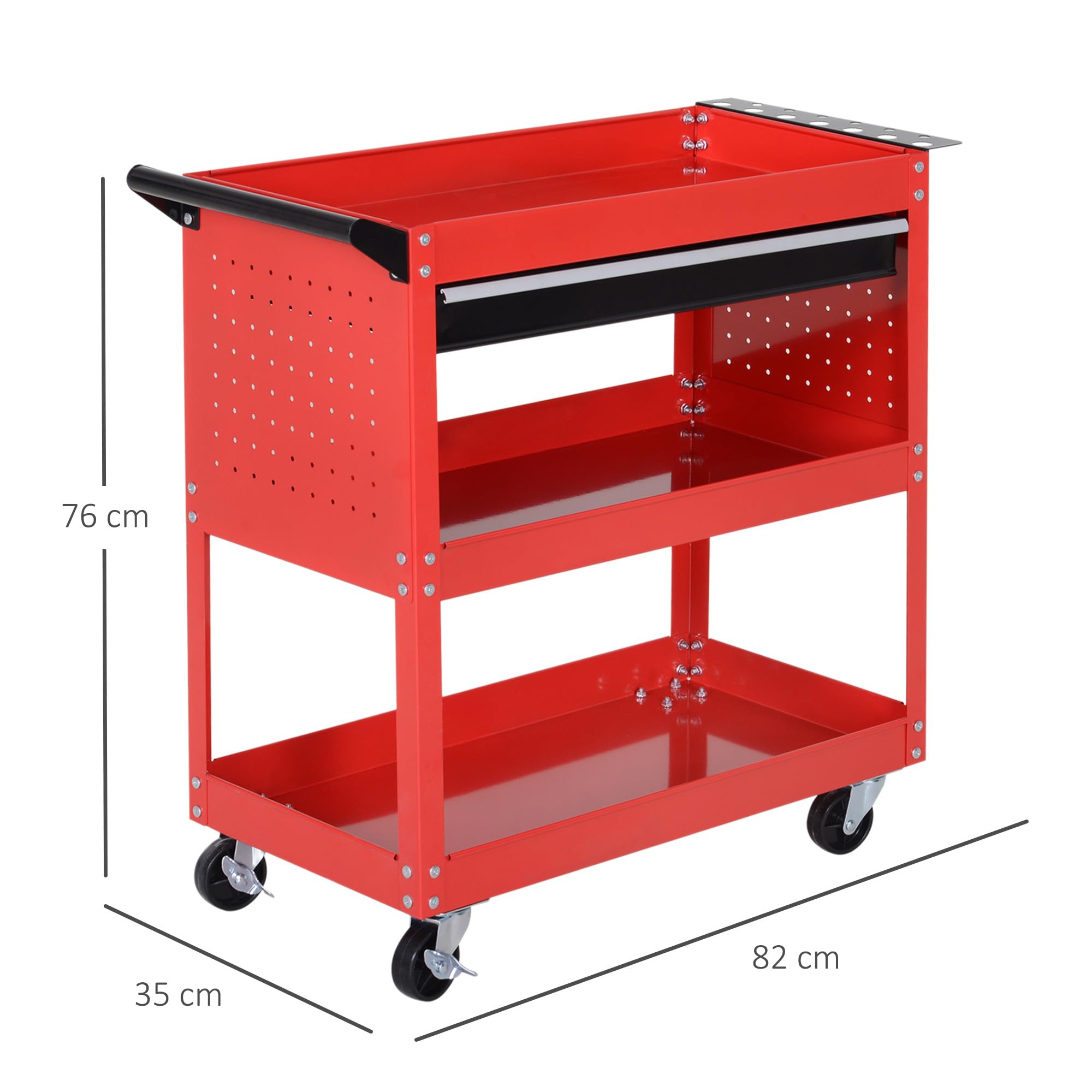 HOMCOM Werkstatt-Rollwagen, Werkzeugwagen mit 3 Ebenen, Transportwagen mit Schublade, Montagewagen für Garage, Lagerhaus, max. 60 kg Belastbar, Rot