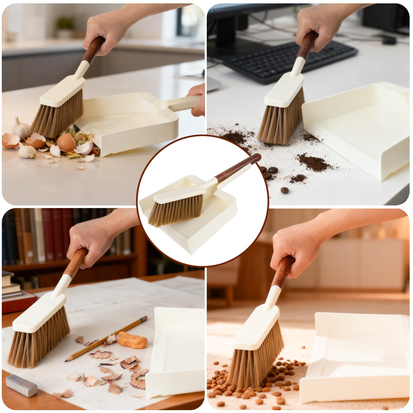 Juego de escoba de mano y recogedor, juego de recogedor pequeño portátil y cepillo con mango de madera de sapele, diseño de dientes, escoba compacta para colgar con recogedor para limpiar