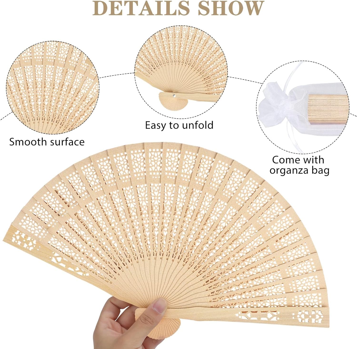 MCEAST 72 Pack Sandalwood Folding Fans Bulk, 7.9 Inches Wooden Handheld Fans with Organza Bags, Wedding Fans for Bridal Shower, Party Favors, Events & Gifts