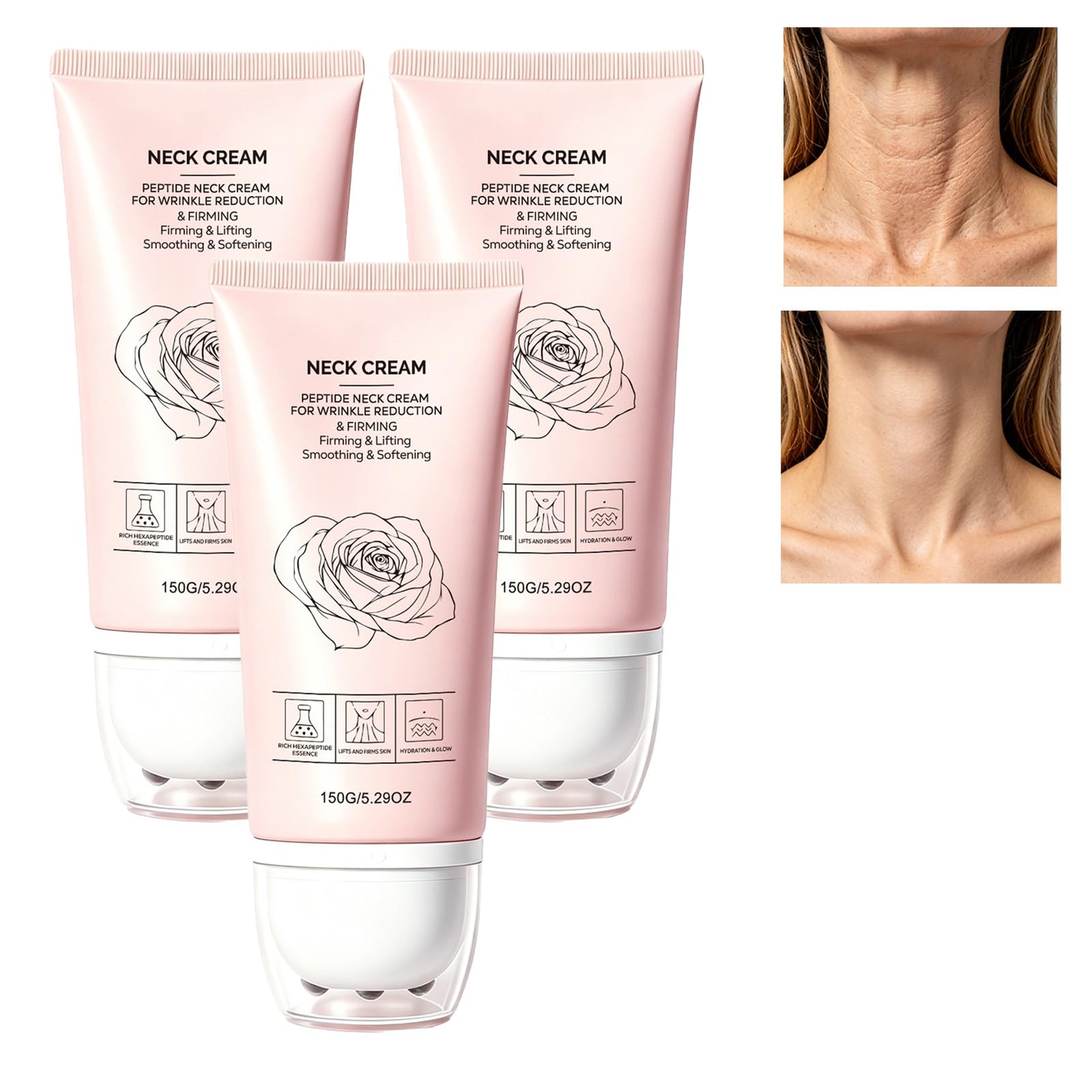 Crema rassodante per il collo alla camelia con rullo massaggiante: idratante antirughe, effetto lifting e tensore per pelle rilassata e collo segnato dal tempo; crema per il trattamento (3pcs)