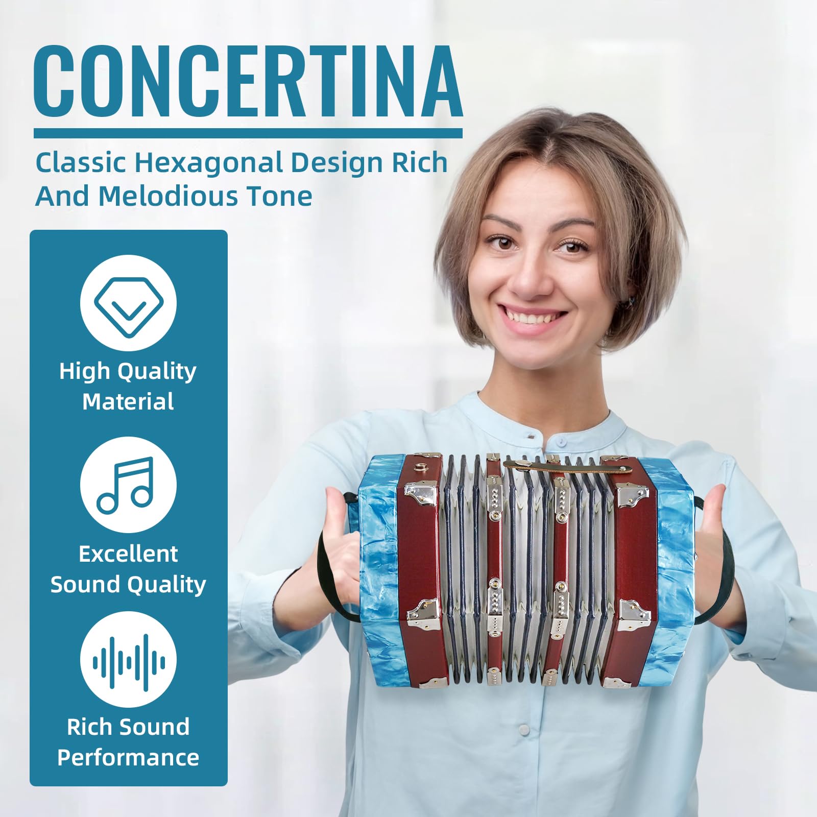Concertina a fisarmonica a 20 tasti, per adulti, fisarmonica professionale per principianti, cinturino da polso regolabile, accessori per strumenti musicali con custodia per il trasporto, armonica a
