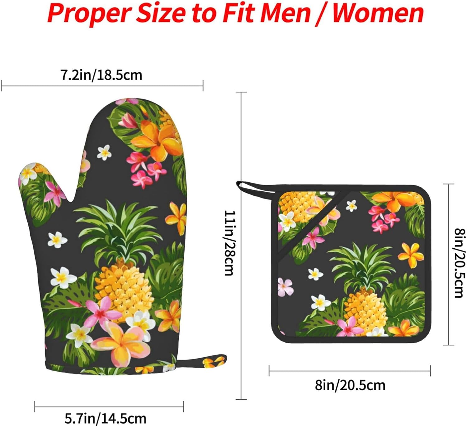 Tropical Pineapple Hawaiian Oven Mitts and Pot Holders Set of 4 Heat Resistant Kitchen Gloves with Silicone Palm Hot Pads for Baking Cooking Grilling BBQ
