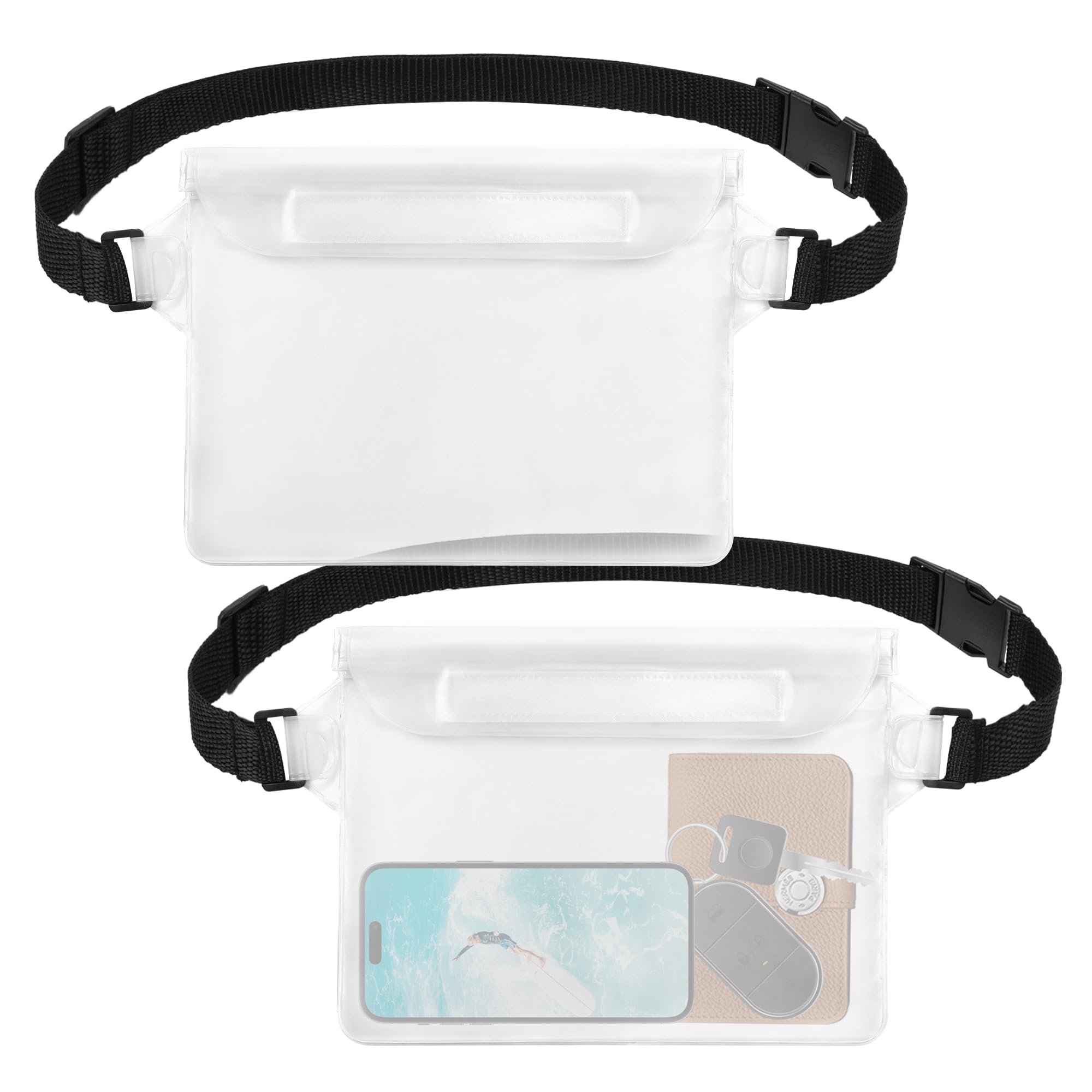 2-Pack Waterproof Pouch with Adjustable Waist Strap, Waterproof Dry Bag, Keeps Cell Phones and Valuables Safe and Dry, Perfect for Kayaking, Beach, Camping and Swimming (White)