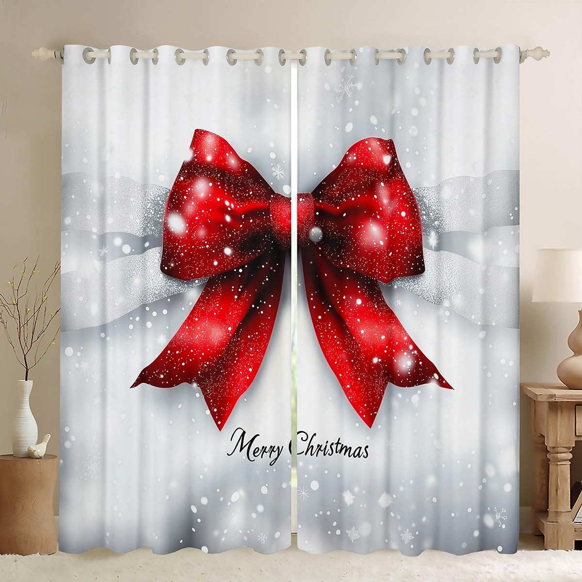 Manfei Bowknot Nursery Bedroom Playroom Decor,Merry Christmas Snowflake Window Drapes,Happy New Year Fashion Boys Girls Room Decor,Gray Red 2 Panels,66Wx90L inch