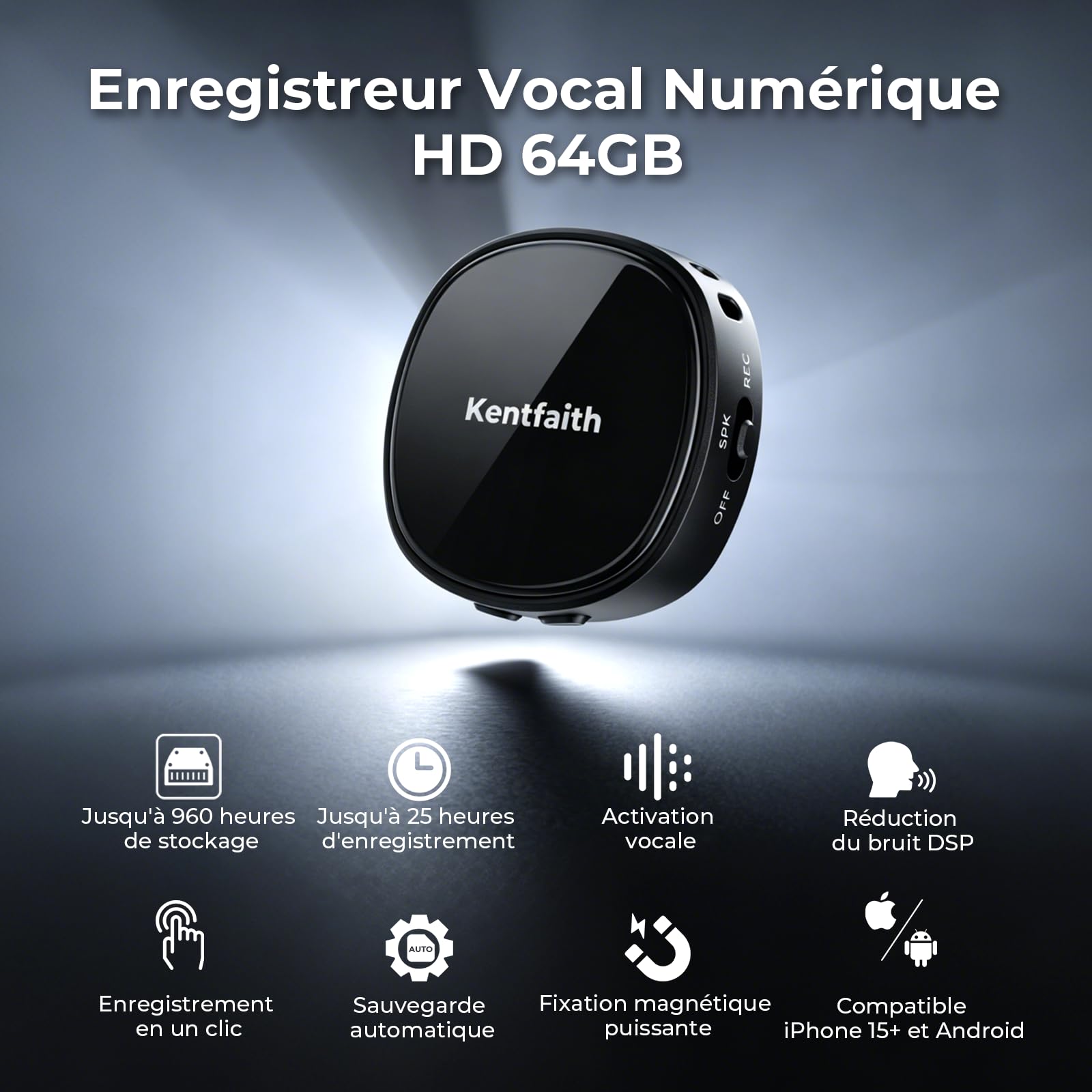 Kentfaith Dictaphone Enregistreur Vocal 64 Go Magnétique Activation Vocale