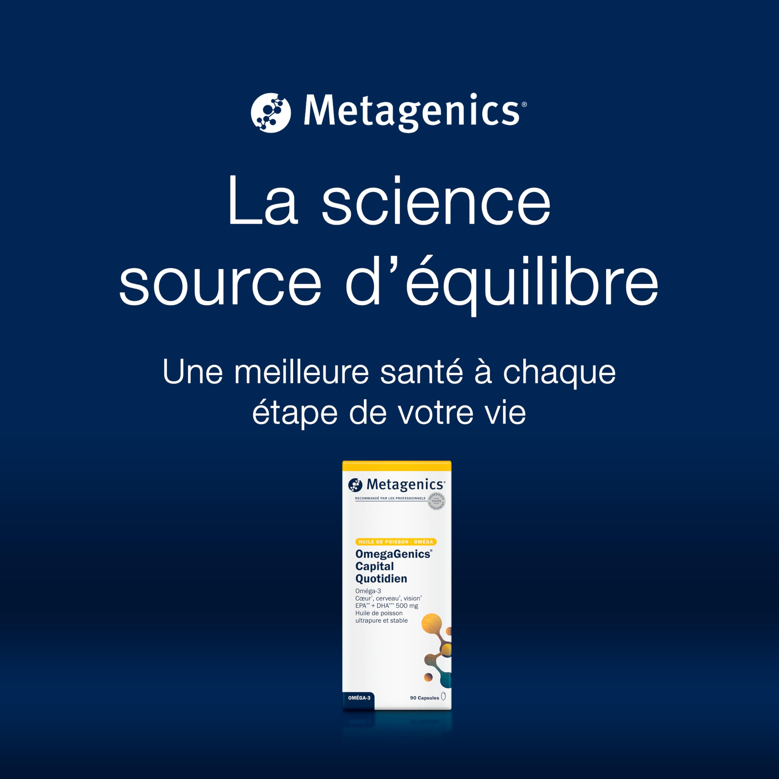 Metagenics OmegaGenics Capital Quotidien, Oméga 3 EPA DHA, 90 Gélules | Les oméga-3 EPA et DHA contribuent à une fonction cardiaque normale. Le DHA contribue au fonctionnement normal du cerveau.