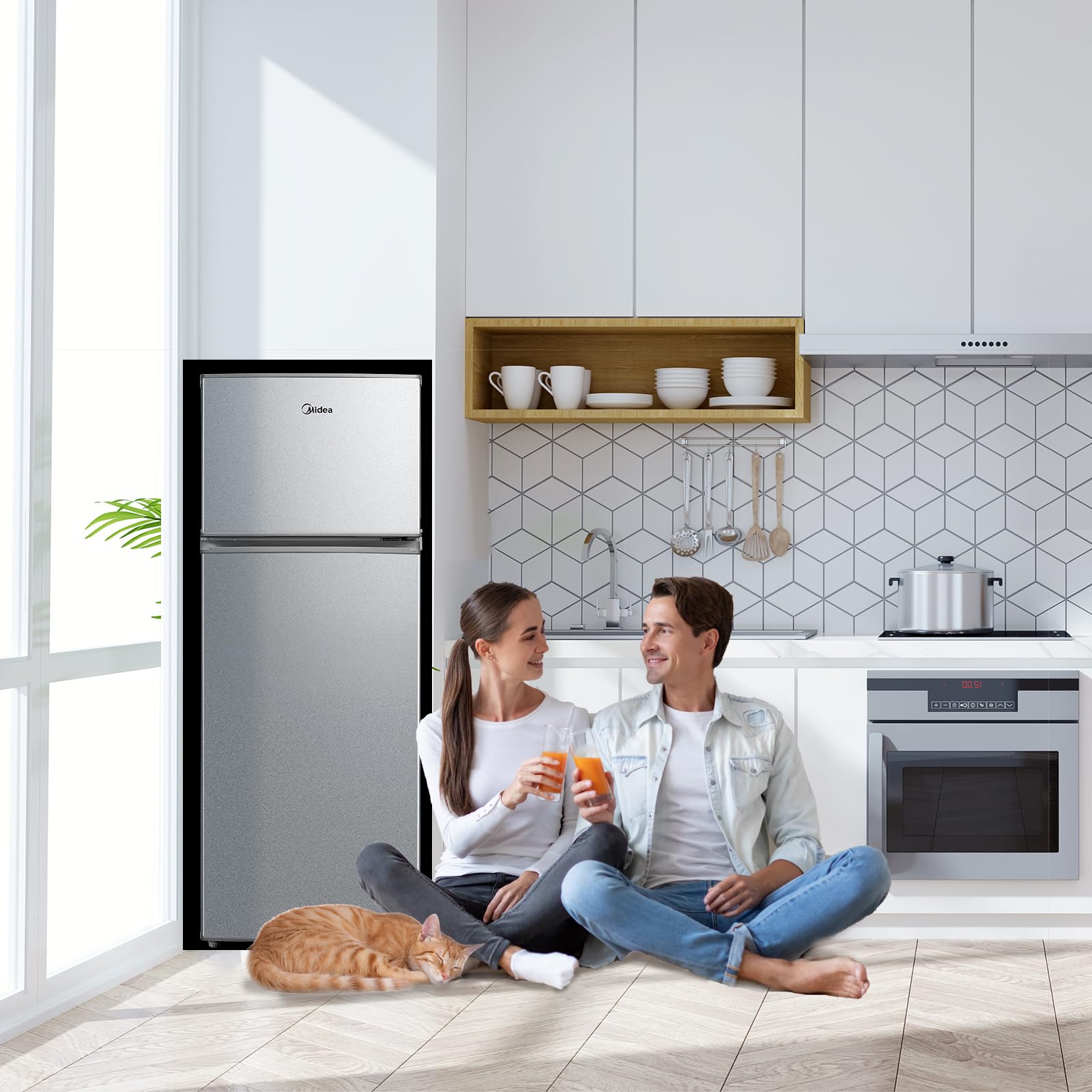 Midea Frigorífico 2 puertas 140 cm alto x 55 cm ancho, Inox, Capacidad 204 L, Nevera Pequeña con Congelador Low Frost de Bajo Consumo, Puerta Reversible, Luz LED, Silencioso 40dB, Cajón de Frutas