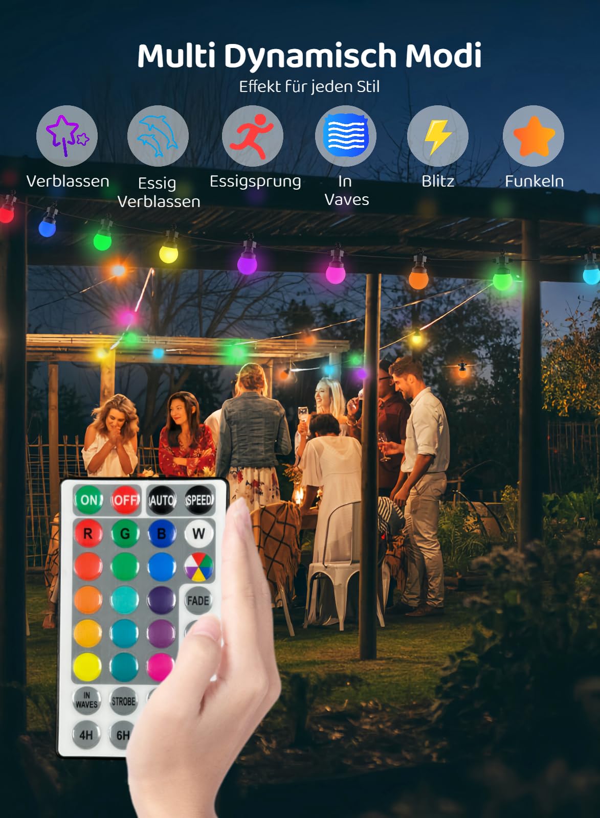 Gaoxun Guirlande Lumineuse Exterieure, 15M RGB Guirlande Guinguette Exterieur avec Télécommande, 15 Ampoules Incassables, Dimmable, Minuterie, IP44 étanche, pour Jardins, Mariage, Bistrots, Maisons