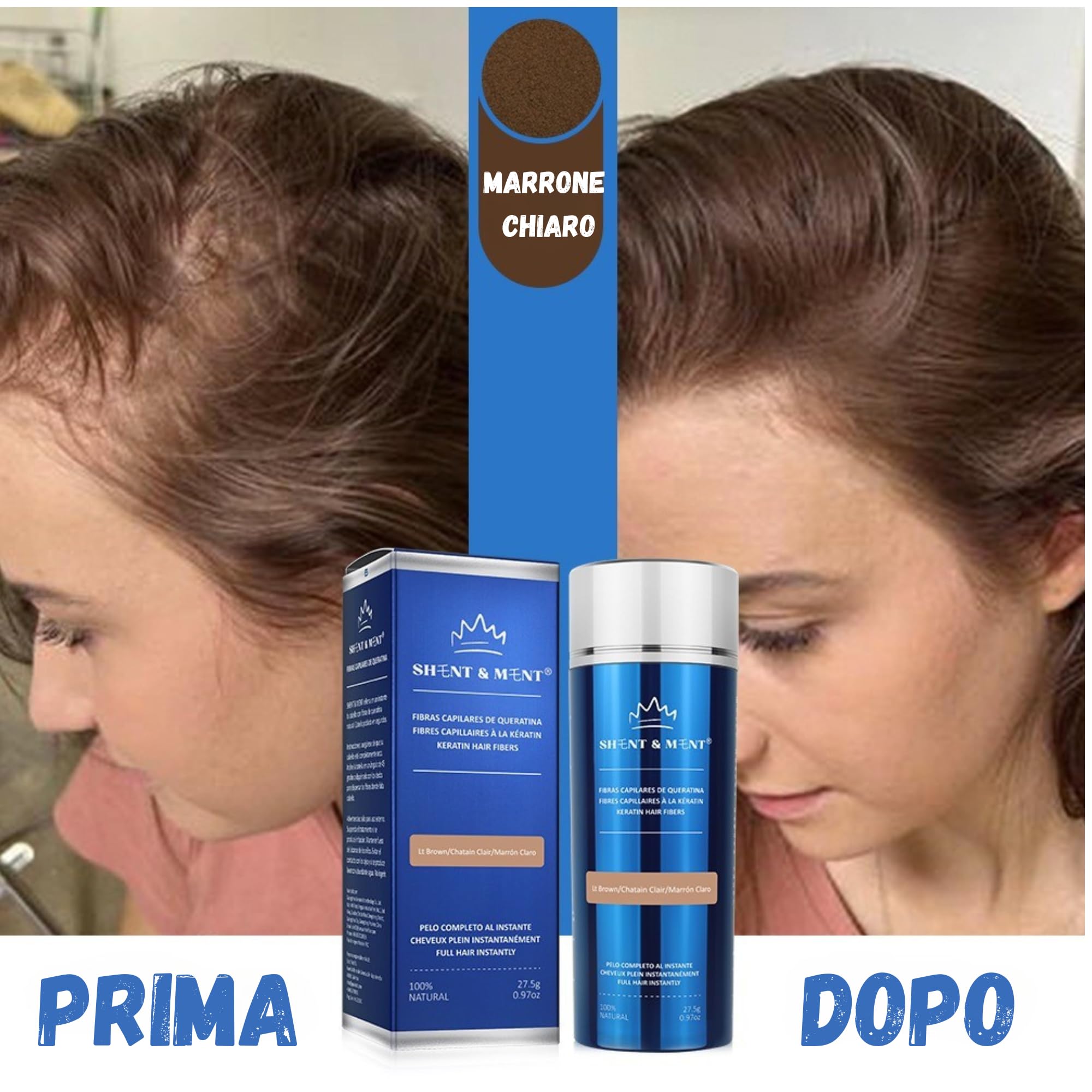 SHENT & MENT Fibre Capelli Cheratina Volume Istantaneo Copertura Naturale Capelli Sottili Caduta Calvizie Entrate Zone Diradate Resistente Sudore Vento Facile Applicazione Marrone scuro 27,5g