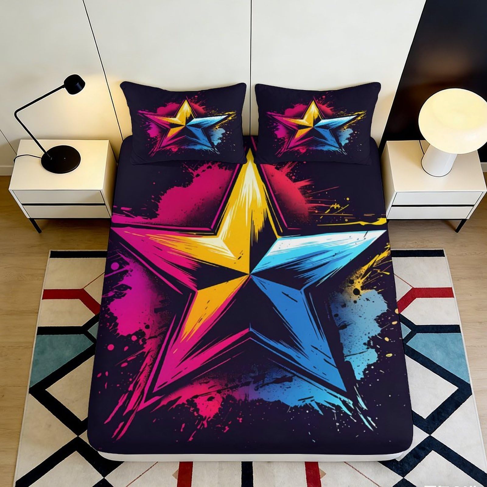 3D Printed Vibrant Star Fitted Sheet Microfiber Soft Breathable Nebula Mattress Cover for Bedroom Dorm Decor 90x200x25cm