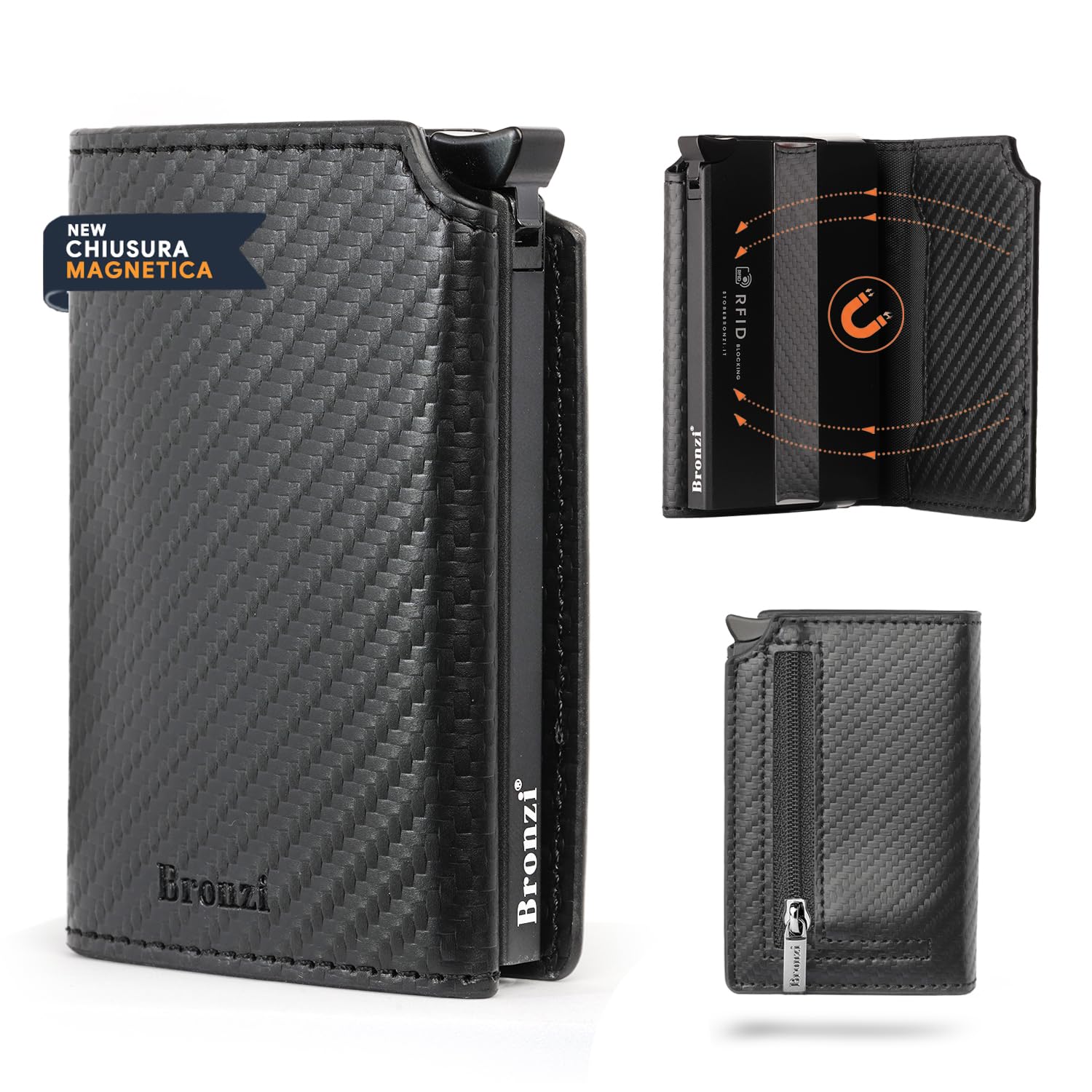 Bronzi Portafoglio Portafoglio Uomo Slim - In Pelle Marrone - Porta Carte Credito - Portacarte uomo - Mini Porta Tessere (𝐌𝐀𝐆𝐍𝐄𝐓𝐈𝐂 𝐂𝐀𝐑𝐁𝐎𝐍.)