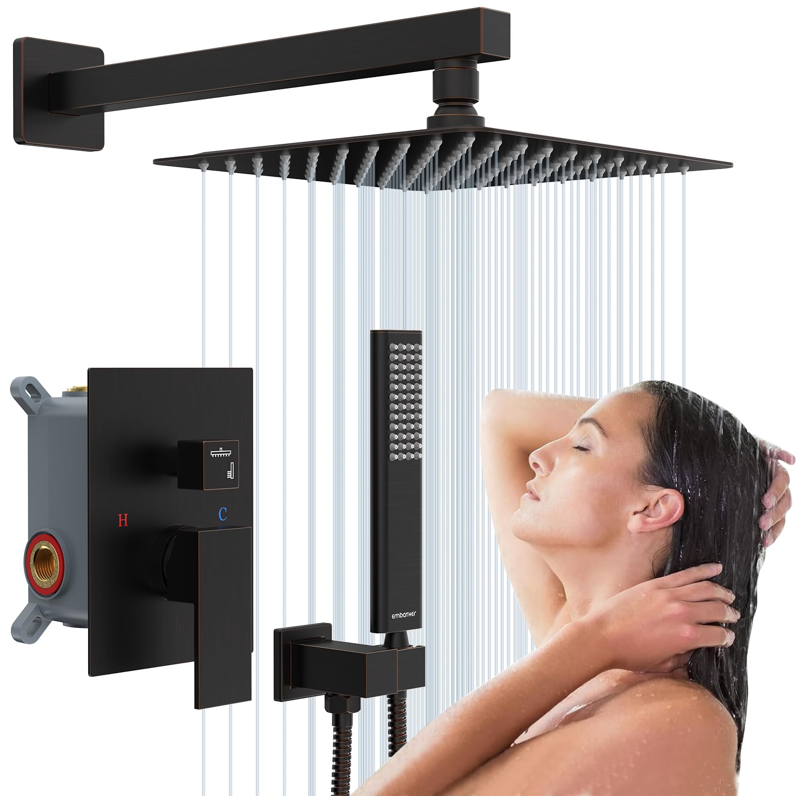 Embather Oil Rubbed Bronze Shower System -10 Inches Shower Faucet Set With Square Rain Shower Head And Handheld High Pressure Shower Combo Set For Bat 767738804965