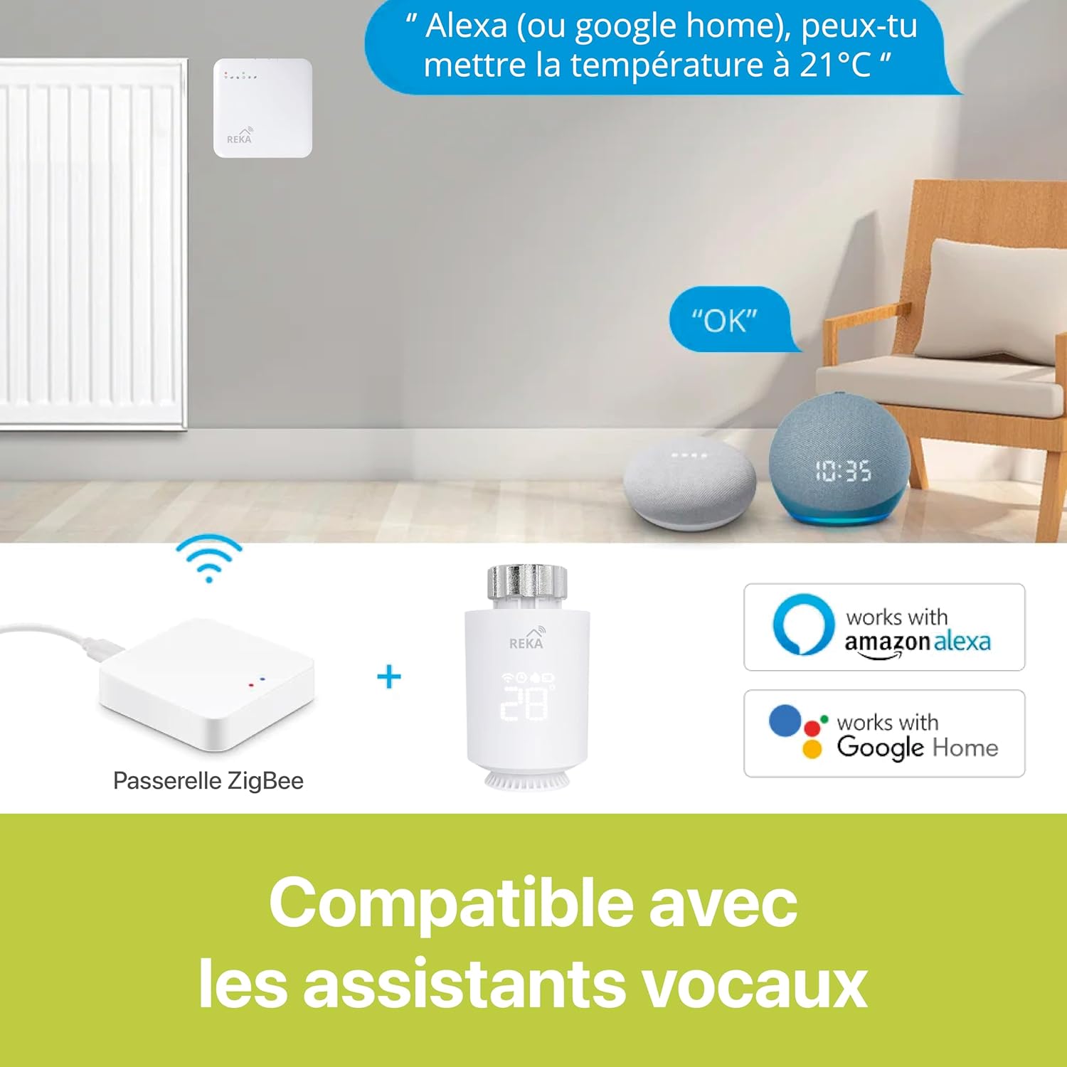 REKA Smart Thermostatic Head compatible with Amazon Alexa and Google Home, showing voice command examples