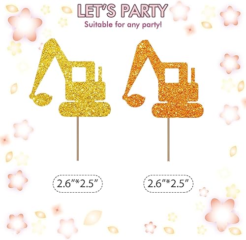 Miniatura 2 de Juego de 24 adornos para cupcakes de excavadora para temática de construcción, baby shower, letrero dorado y naranja con purpurina para cupcakes,