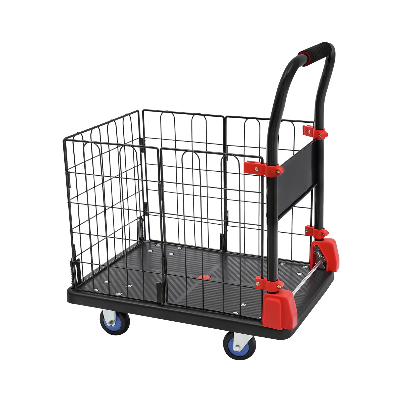 Platform Hand Truck Cart with Cage,330/660lbs Capacity Heavy Duty Folding Platform Cart with Wheels, Removable Push Cart Dolly Cart with Basket for Groceries/Garage/Warehouse (330LBS)