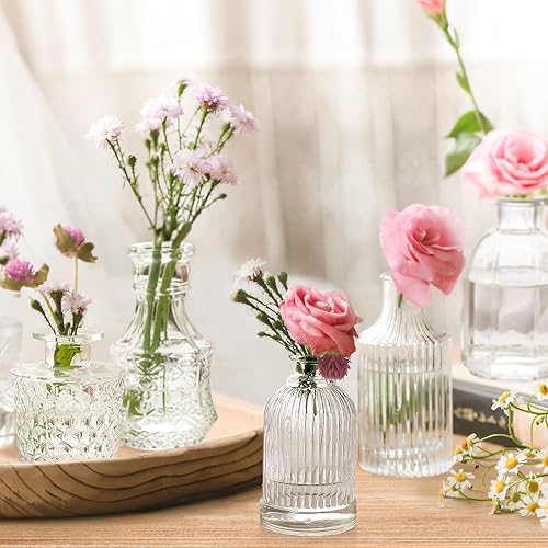 Miniatura 2 de Juego de 12 jarrones de cristal, pequeños jarrones vintage para flores, mini vasos de cristal transparente a granel, diseño de flores pequeñas para