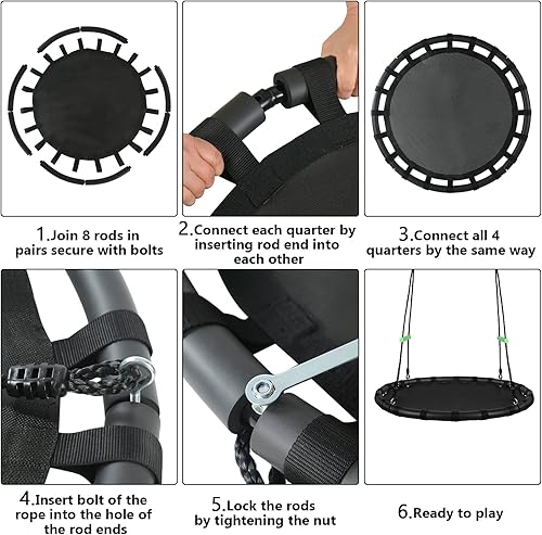 Miniatura 6 de Columpio de árbol de 40 pulgadas con alfombrilla de polipropileno para niños y adultos, duradero, seguro, fácil de instalar, columpio negro para