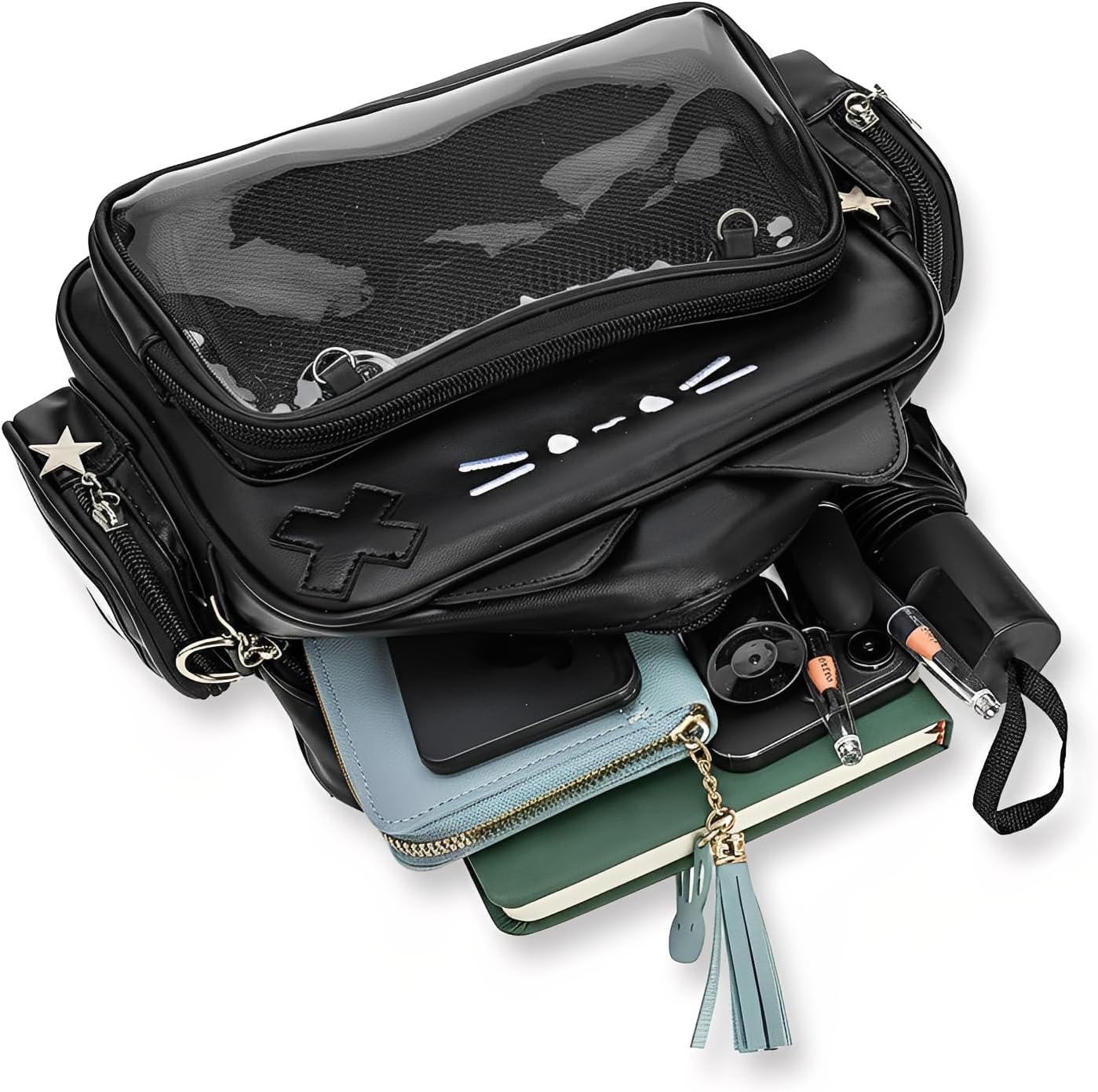 SUSTRALO Cat Ita Bag Pin Display Backpack for College, Y2k Ita Backpack with Insert for Girls, Black Aesthetic Ita Shoulder Crossbody Bag Purse for Cosplay