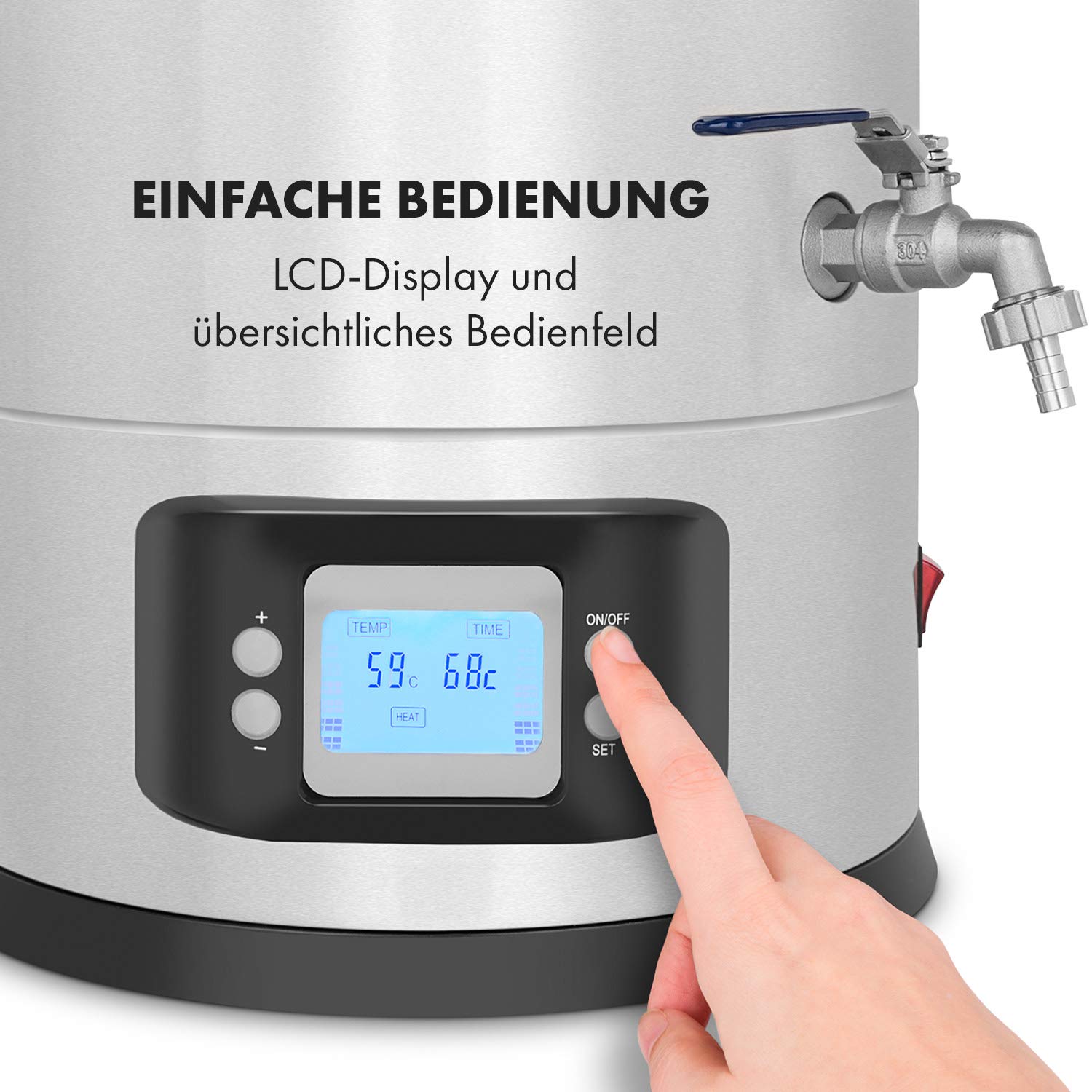 Klarstein Maischfest - Bierbrauset, Maischekessel, Bierbrauanlage mit 2 Stufen: 1500/3000 W, Bier Brauen 5-teiliges Set, Filtrier-Eimer, Kühlspirale, LCD-Display, Edelstahl, 30 Liter, Edelstahl