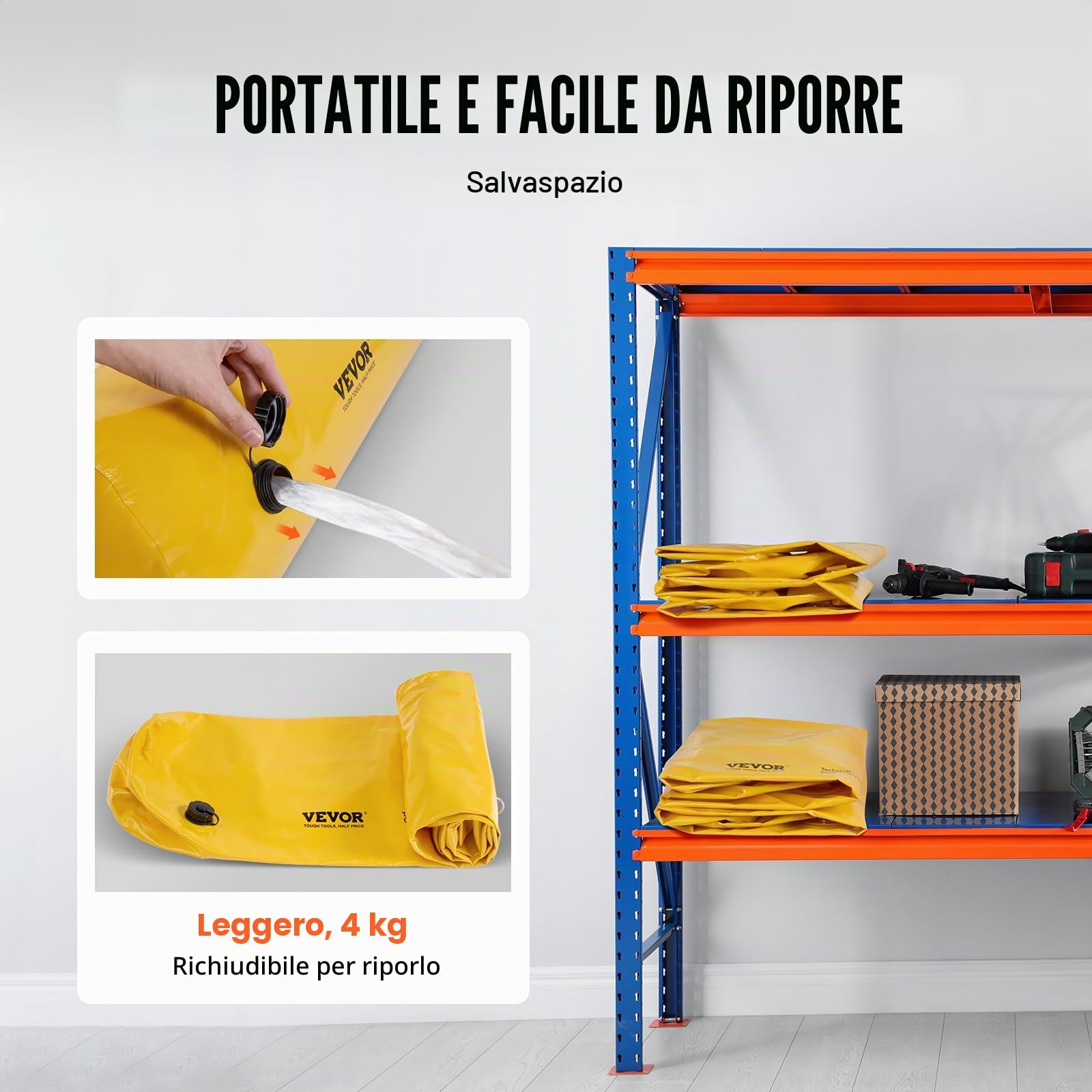 VEVOR Sacco Antiallagamento, 4 Pezzi, Barriera Antiallagamento Alternativa, Portatile e Facile da Usare per Casa, Ingresso, Vialetto 122 x 25 x 17 cm Giallo