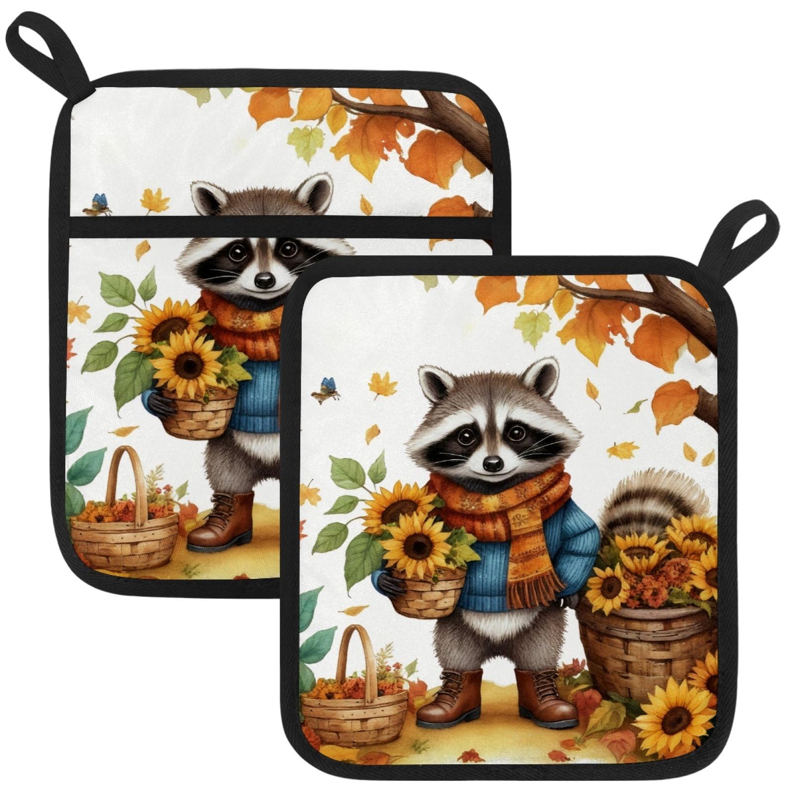 VAPOKF Raccoon Sunflower Pot Holders with Pocket for Kitchen Heat Resistant Potholders Large Polyester-Cotton Square Oven Mitts Set