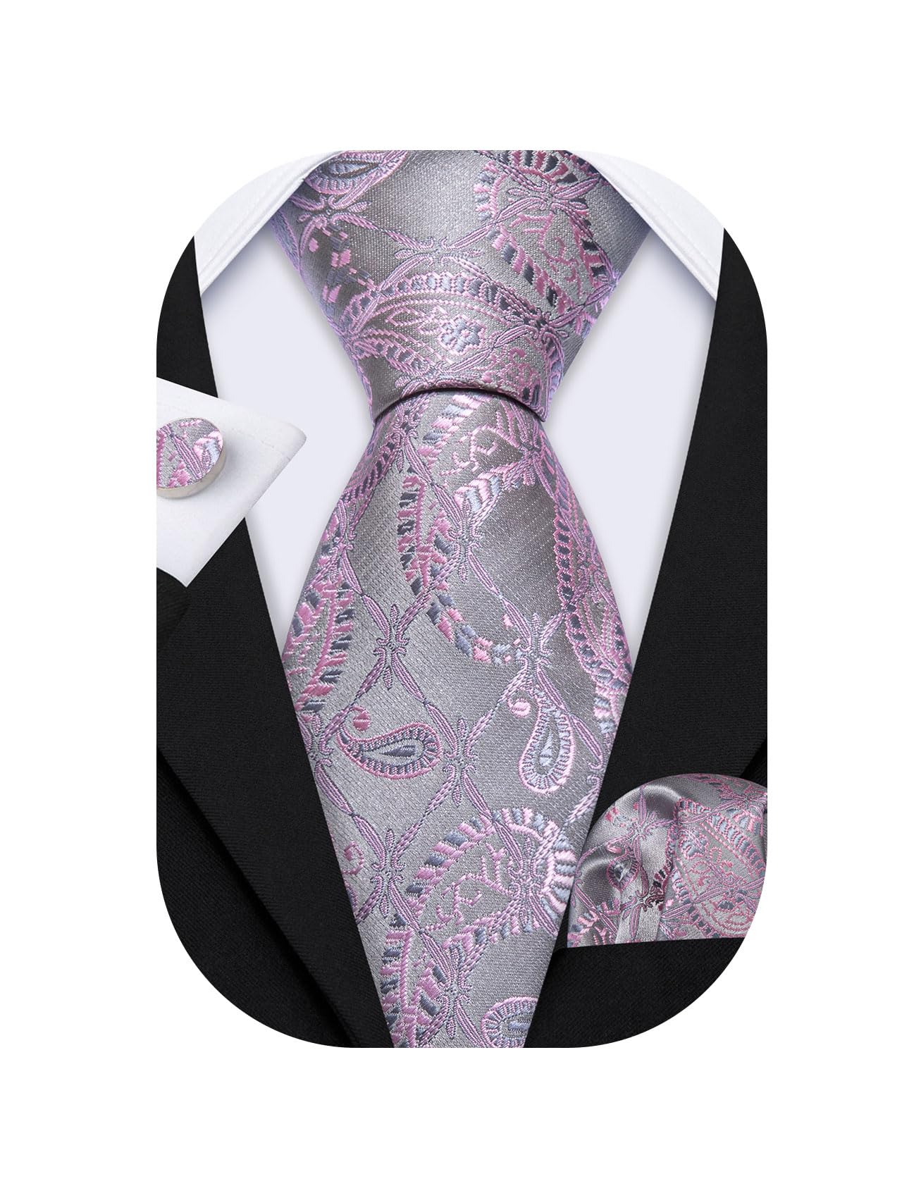 Barry.Wang Men Tie Set Paisley Pocket Square Cufflinks for Men Silk Necktie Wedding