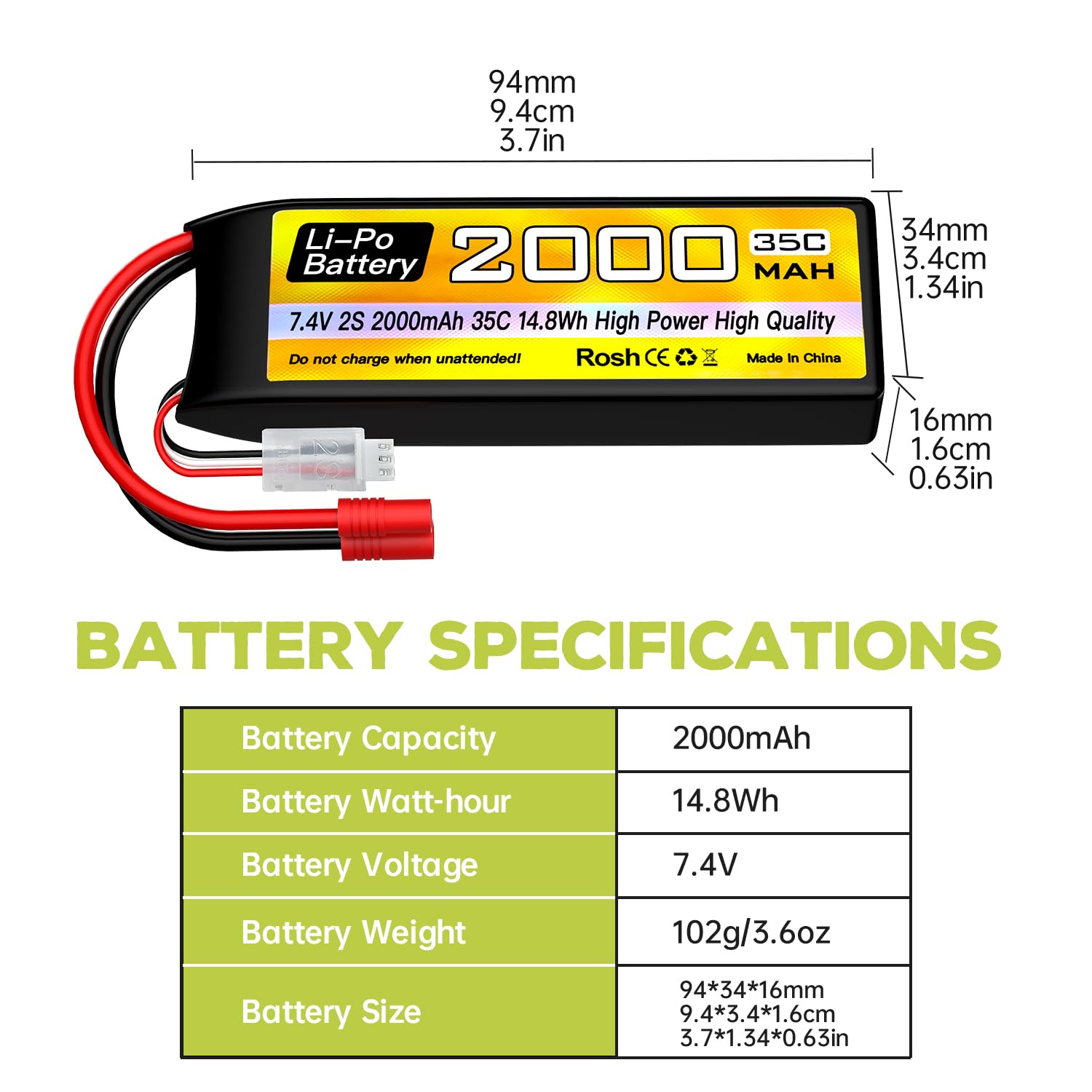 2PCS 2S Lipo Batteria 7.4V 2000mAh 35C con spina a banana da 3.5mm con cavo di ricarica USB per RC Auto Camion RC Barca RC Quadcopter FPV Drone Batteria