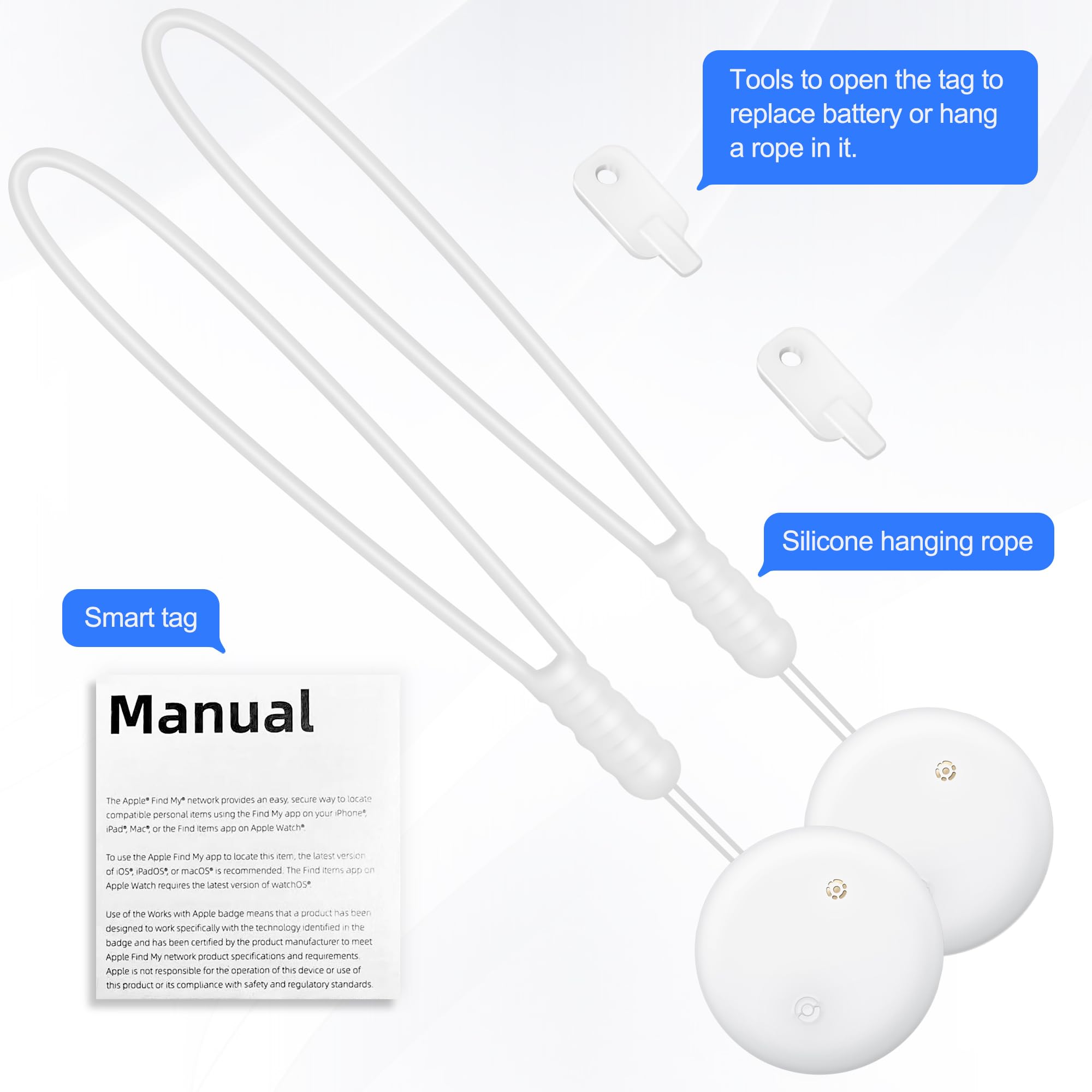 Confezione da 2 Smart Air Tracker per Apple Find My (solo iOS), localizzatore di chiavi per bagagli, portafogli, biciclette e altro ancora, impermeabile IPX6, viene fornito con 2 cordini in