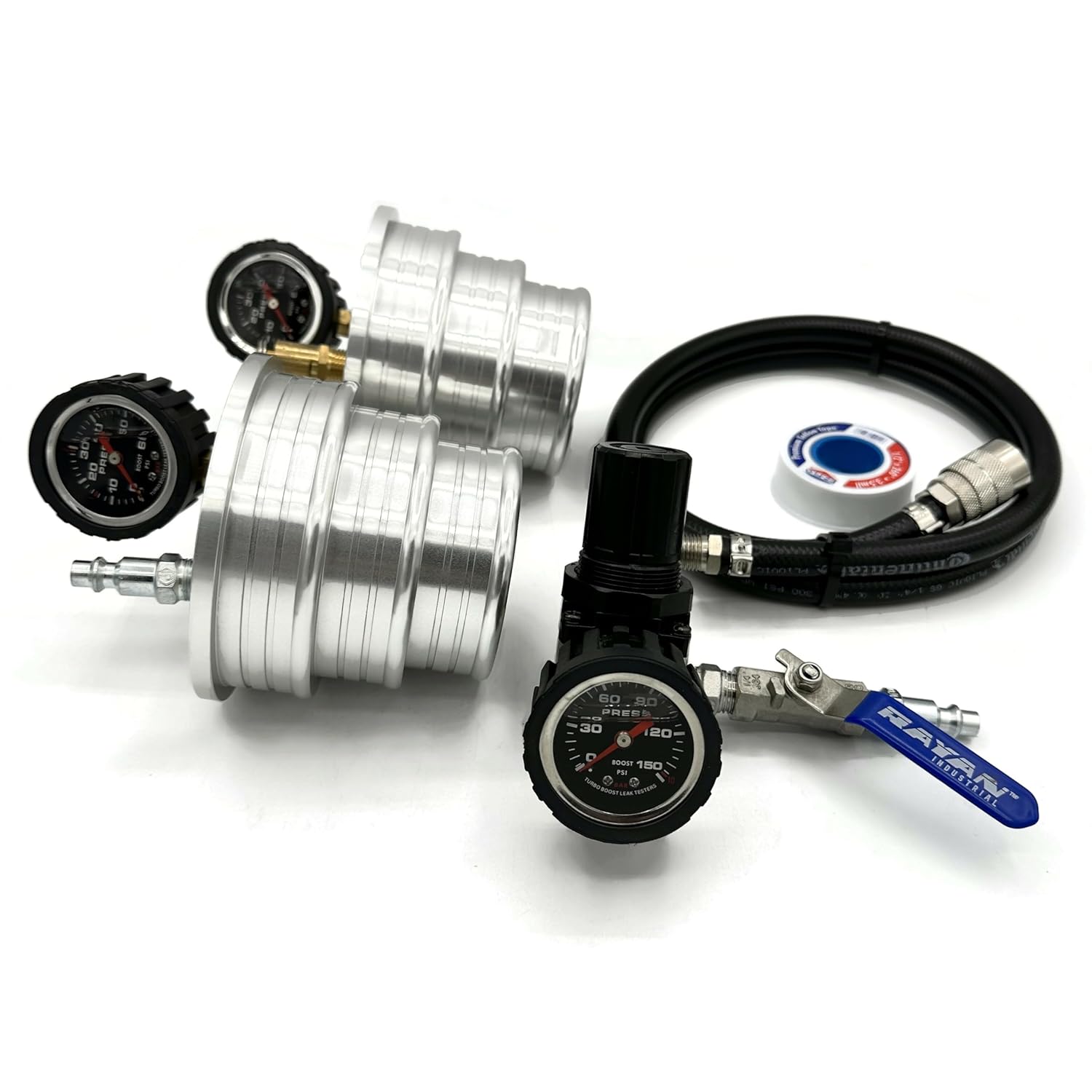 The Original! - Charge Air Cooler CAC Boost Leak Tester (4", 3.5", 3") Solid 6061 Aluminum, Anti-Slip Grooves & Bead - w/Extension Line & 150 PSI Regulator- for Semi-Trucks, Tractors, Machinery