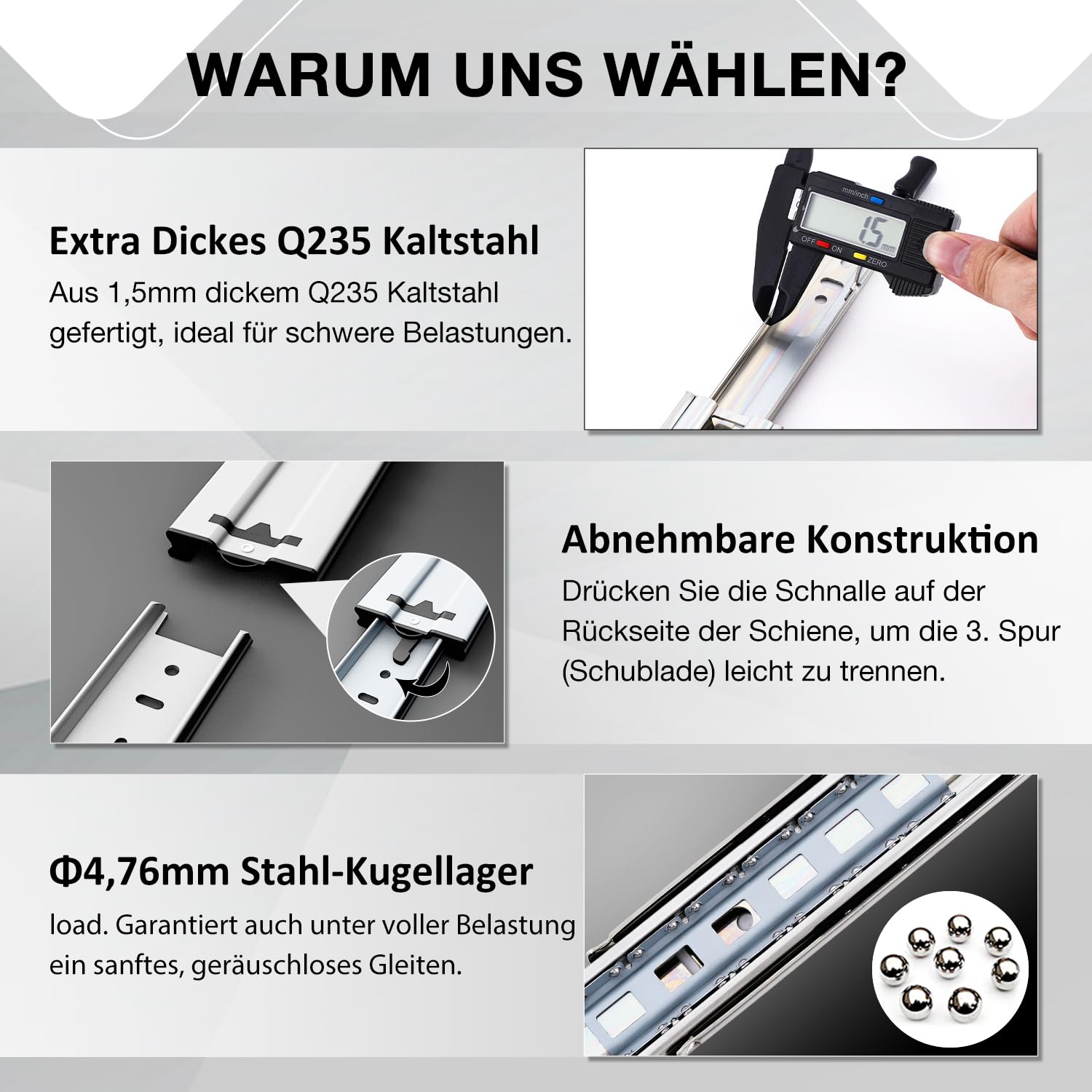 Strapazierfähige Schubladenschienen, Vollauszugschienen, 30,5 cm, 35,6 cm, 40,6 cm, 40,6 cm, 50,8 cm, 52,2 cm, 26 cm, 28 cm, 30 cm, 32 cm, 34 cm, 91,4 cm, 96,5 cm, 1 Paar