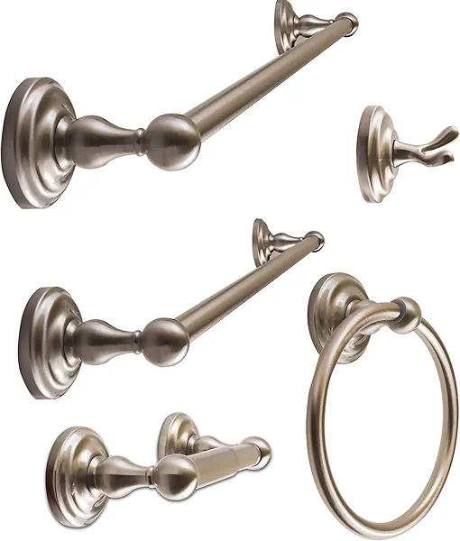 SENTO ROBIKI Nickel Bathroom Accessories Set, Bath Hardware, Includes Robe Hook, Toilet Paper Holder, Towel Ring, 18” & 24” Towel Bar, Duty Metal Bath Hardware Set Wall Mounted (5-Piece, Satin Nickel)