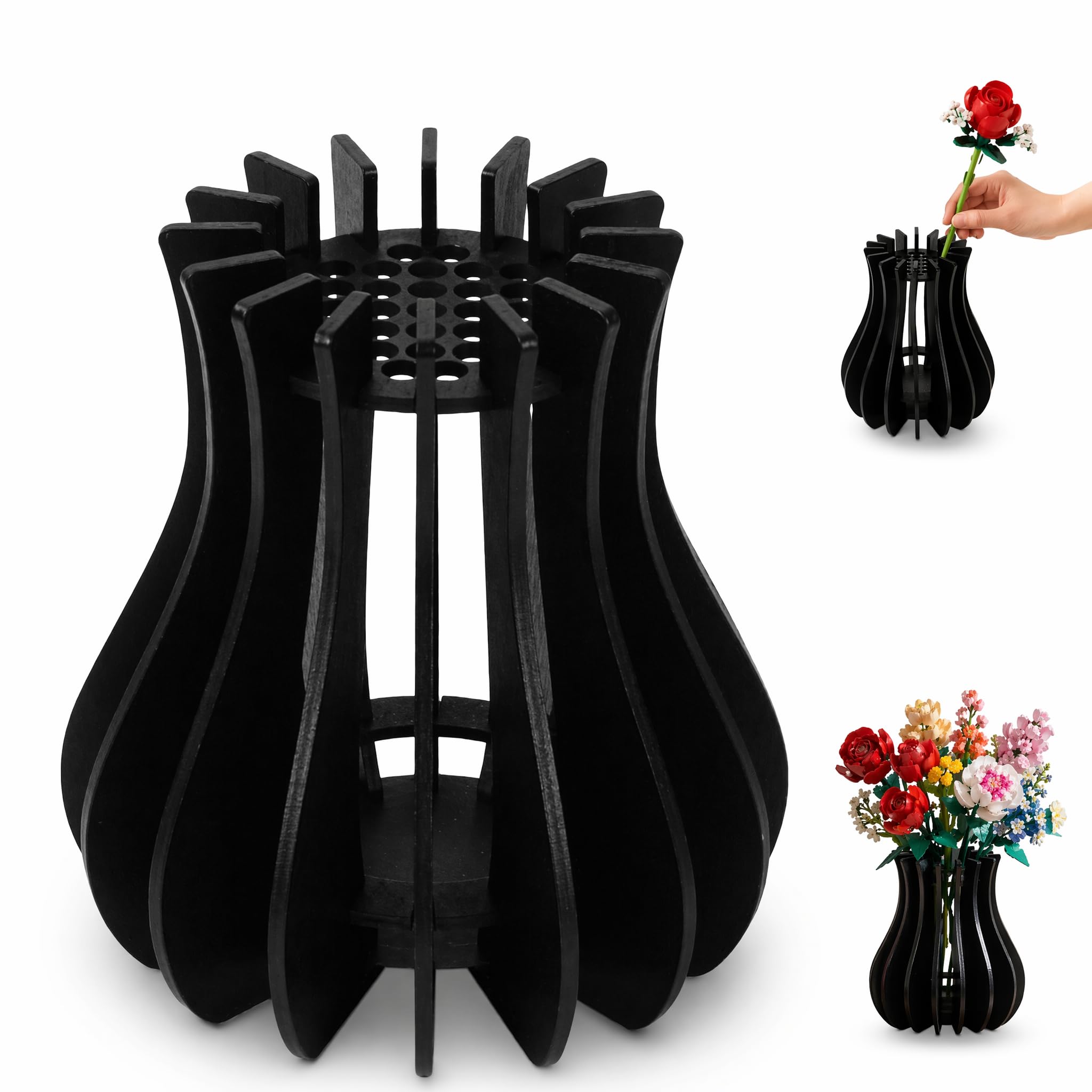 Wooden Puzzle Flower Vase, 3D Display Stand Compatible Lego Bouquet Kit
