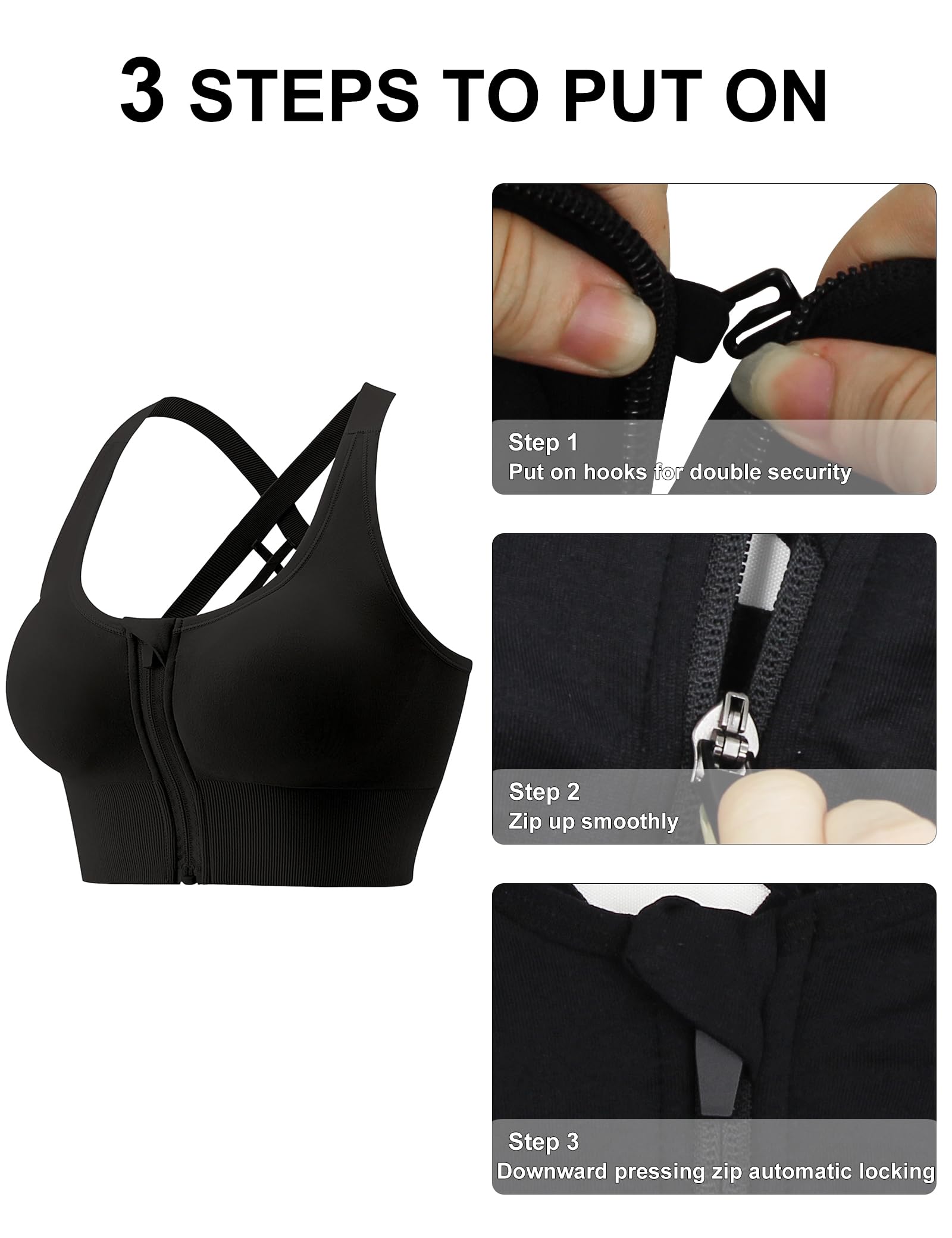 Sujetador Deportivo Mujer Alto Impacto sin Aros Cremallera Push Up con Almohadillas Extraíbles para Yoga Running Fitness S-XL