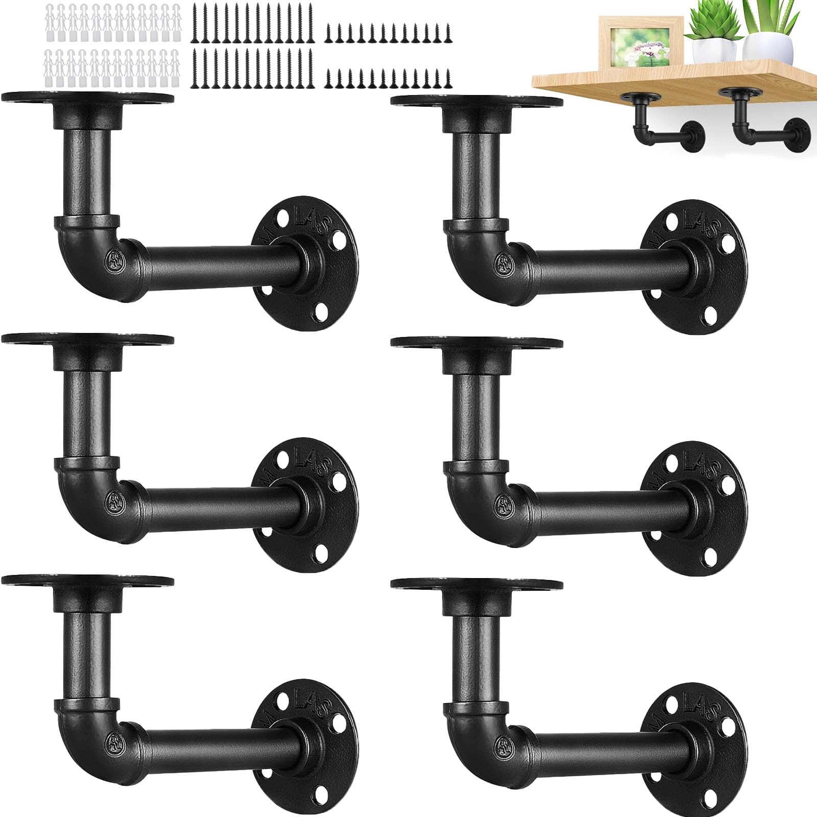 6PCS Industrial Pipe Shelf Brackets, Wall Mounted Industrial Shelf Brackets with Screws, Black Pipe Brackets for Shelves, Scaffold Board and Home Decoration-image-5