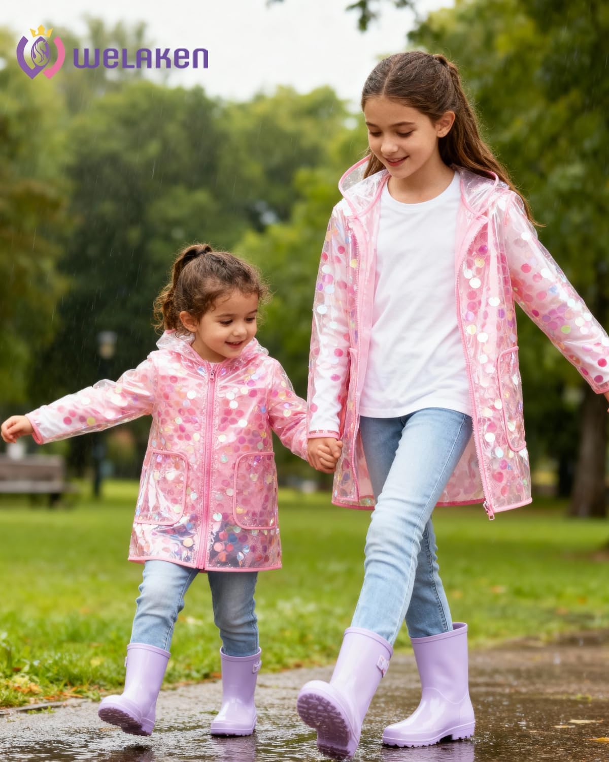 WELAKEN Girls Sequin Raincoat Waterproof Reusable Hooded Outwear Rain Jacket with Lining - Image 2