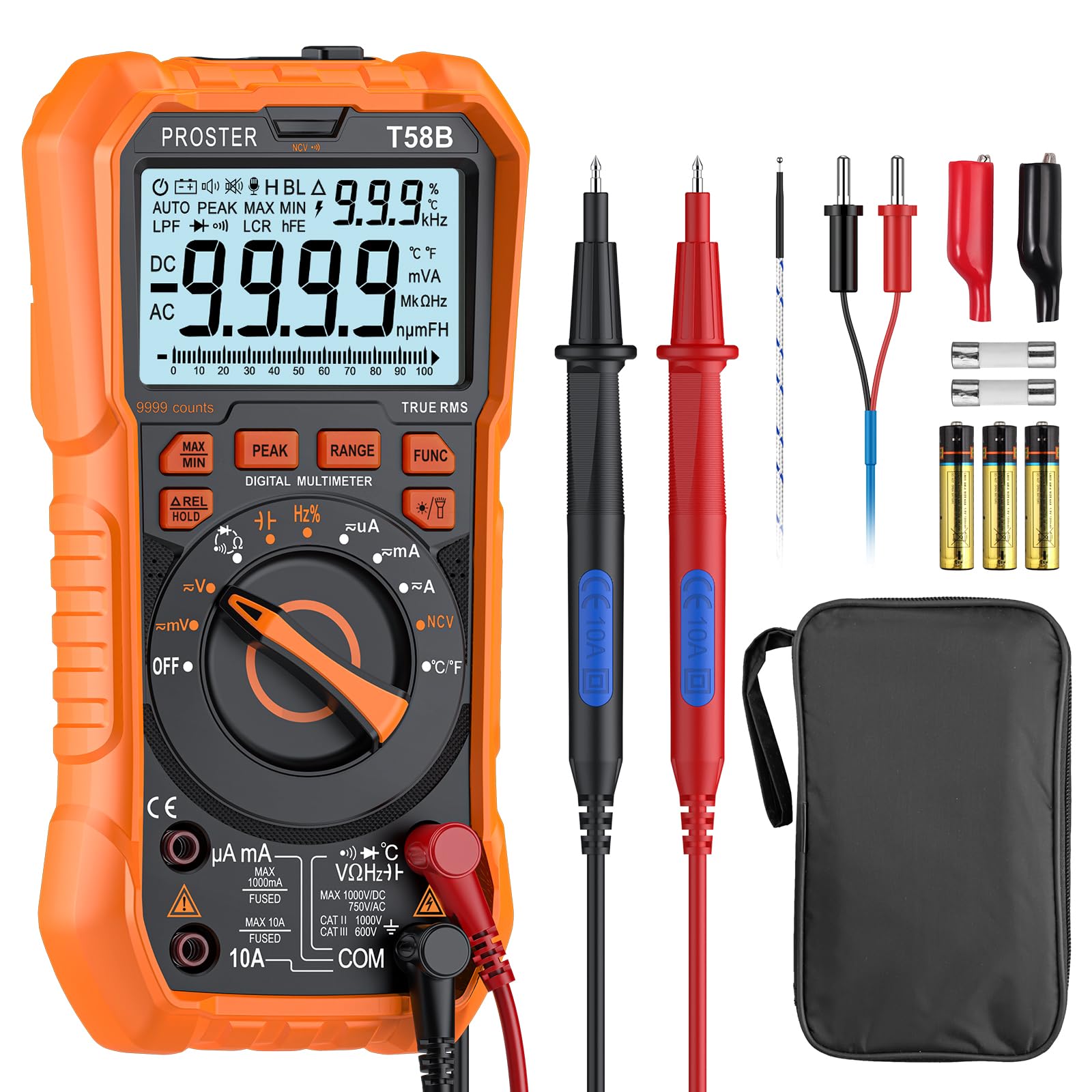 Proster Multimètre Numérique 9999 Comptes TRMS Auto-Range NCV – Testeur Électrique AC/DC avec Mesure Température, Crête, Continuité, Alerte Jack et Support Magnétique