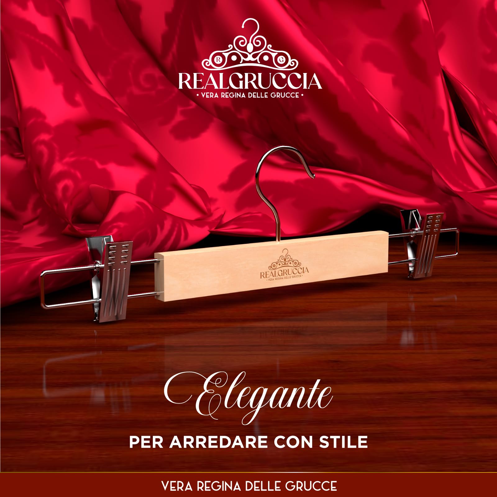 10 Grucce Appendiabiti con Pinze per Gonne Jeans Pantaloni in Legno Naturale 13x33cm - RealGruccia Clips Regolabili Salvaspazio e Robuste - Finitura Lucida e Gancio Girevole 360° in Metallo Resistente