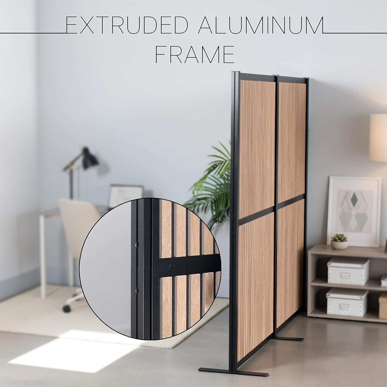 VIVO Modular Wall System, 2 PET Panels, Modern Professional Office Cubicle Dividers, Freestanding Privacy-Screen, 66 inches High, Wood Slat, Black Frame, PP-MWS63BWD