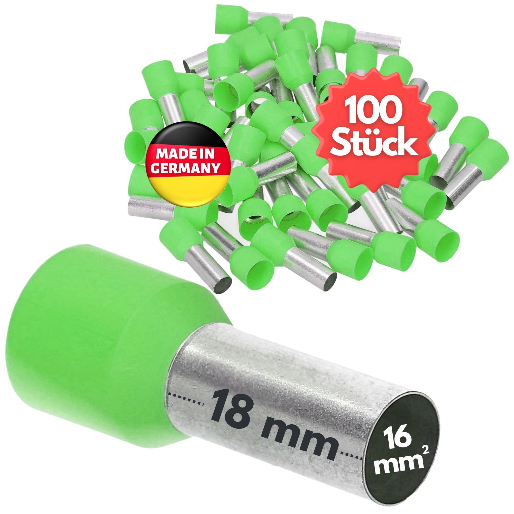 Kalitec 100x Embouts de Câble Isolés 16,0 mm² - 18 mm AWG 6 - Vert | Qualité industrielle certifiée UL. Cuivre étamé galvanisé pour câbles d'alimentation, moteurs, relais et camping.