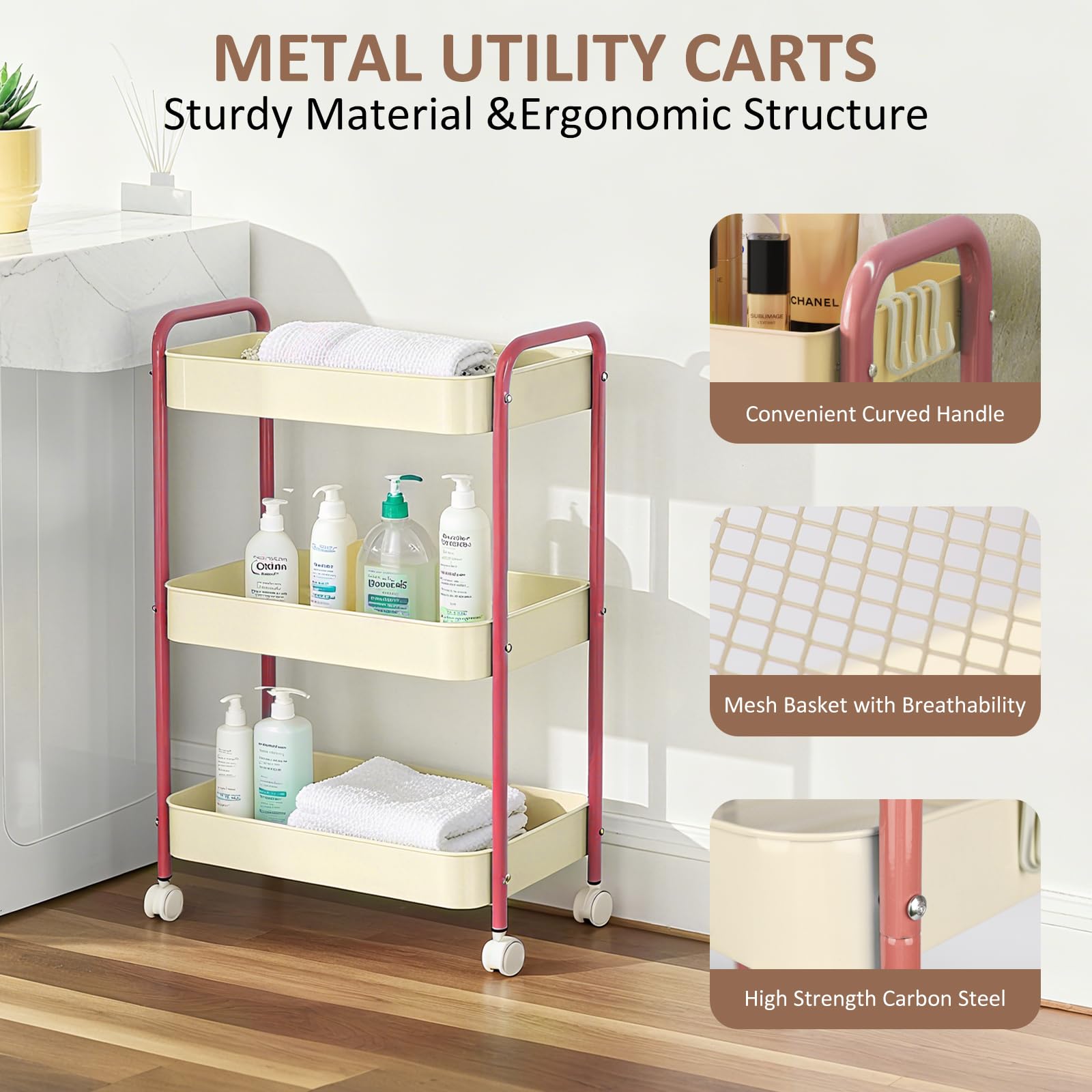 Carrito de almacenamiento de metal de 3 niveles con ruedas, carrito de cocina con asa, carrito de almacenamiento de malla para manualidades, carrito de baño, estante para verduras y organizador