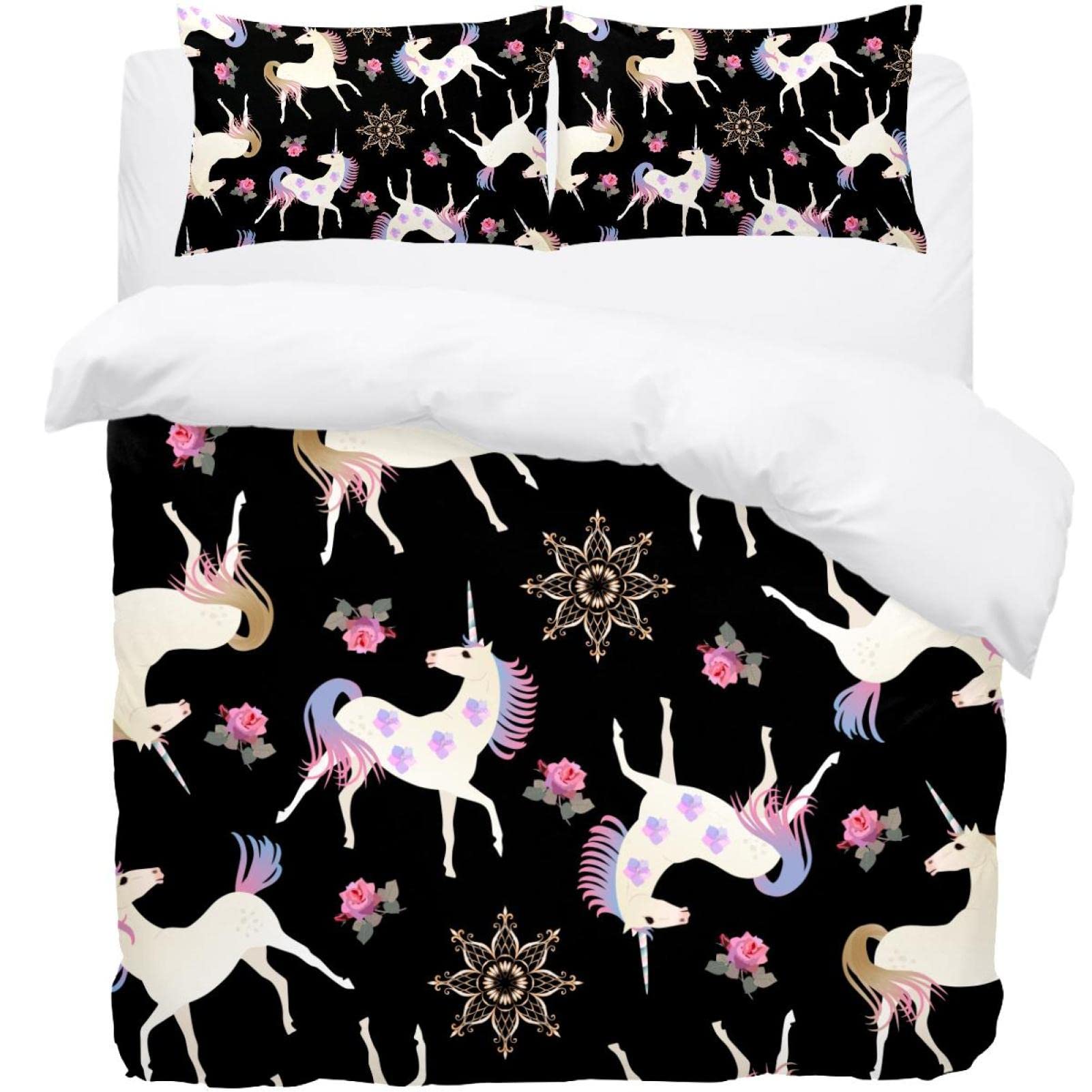Housse de couette licorne anti-teint terne pour lit simple rose