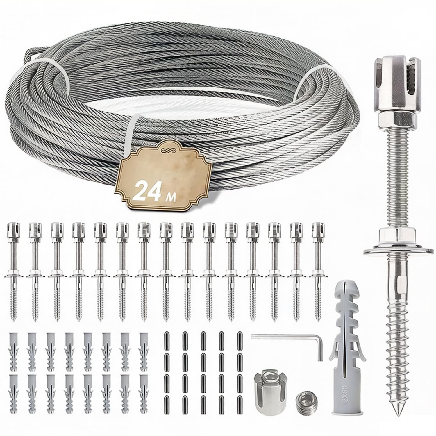 Rankhilfe Metall für Kletterpflanzen, Edelstahl Robust Drahtgitter Set mit 24m Rankhilfe Edelstahl (3mm Stahlseil) und 16 Halter für Kletterpflanzen, Garten, Mauer, Rosen Weinreben